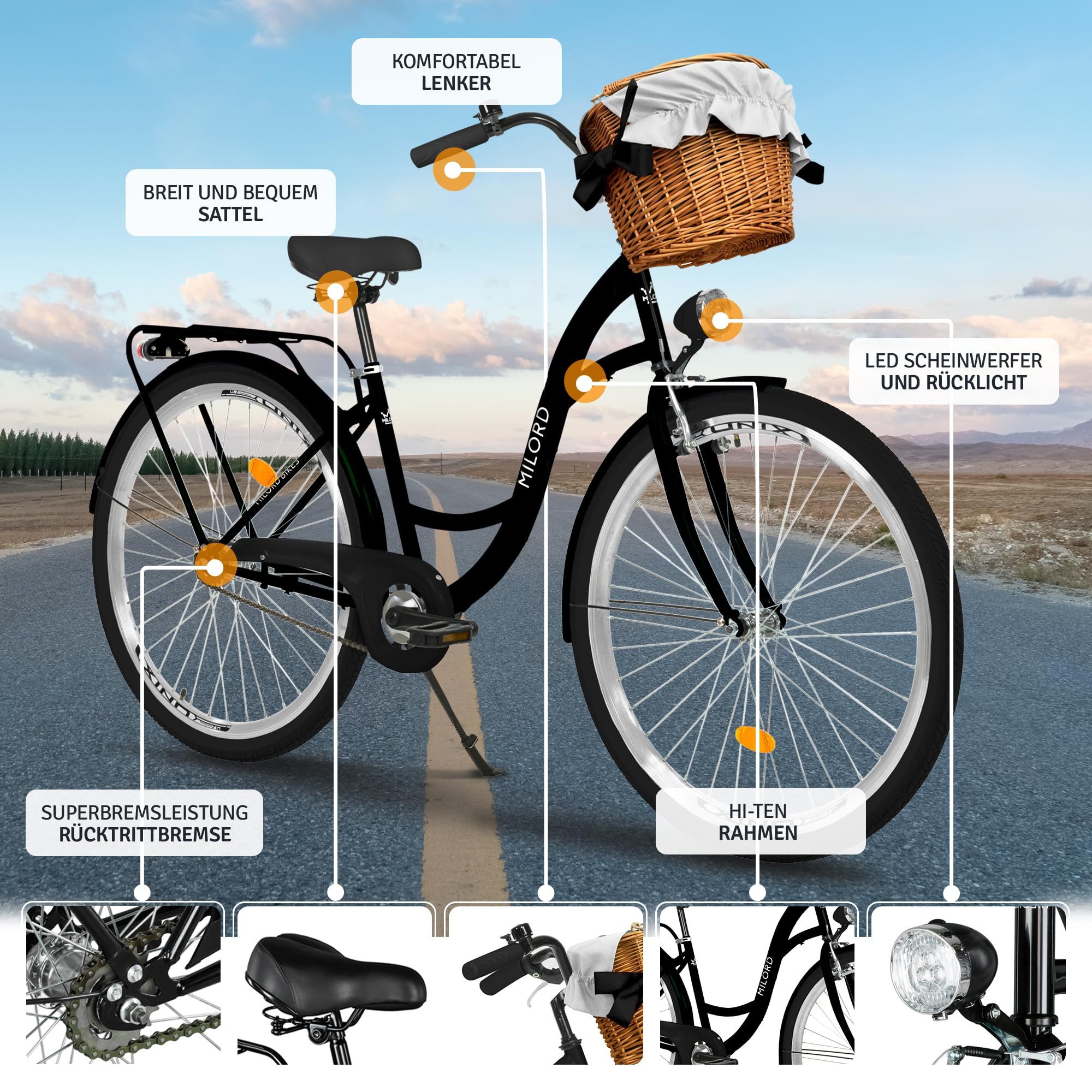 Milord Cityrad Milord City Fahrrad Korb Damenfahrrad, 28/26 Zoll, Schwarz, 1-Gang, 1 Gang, (Fahrradständer, Gepäckträger, Klingel, Korb, Kotflügel)