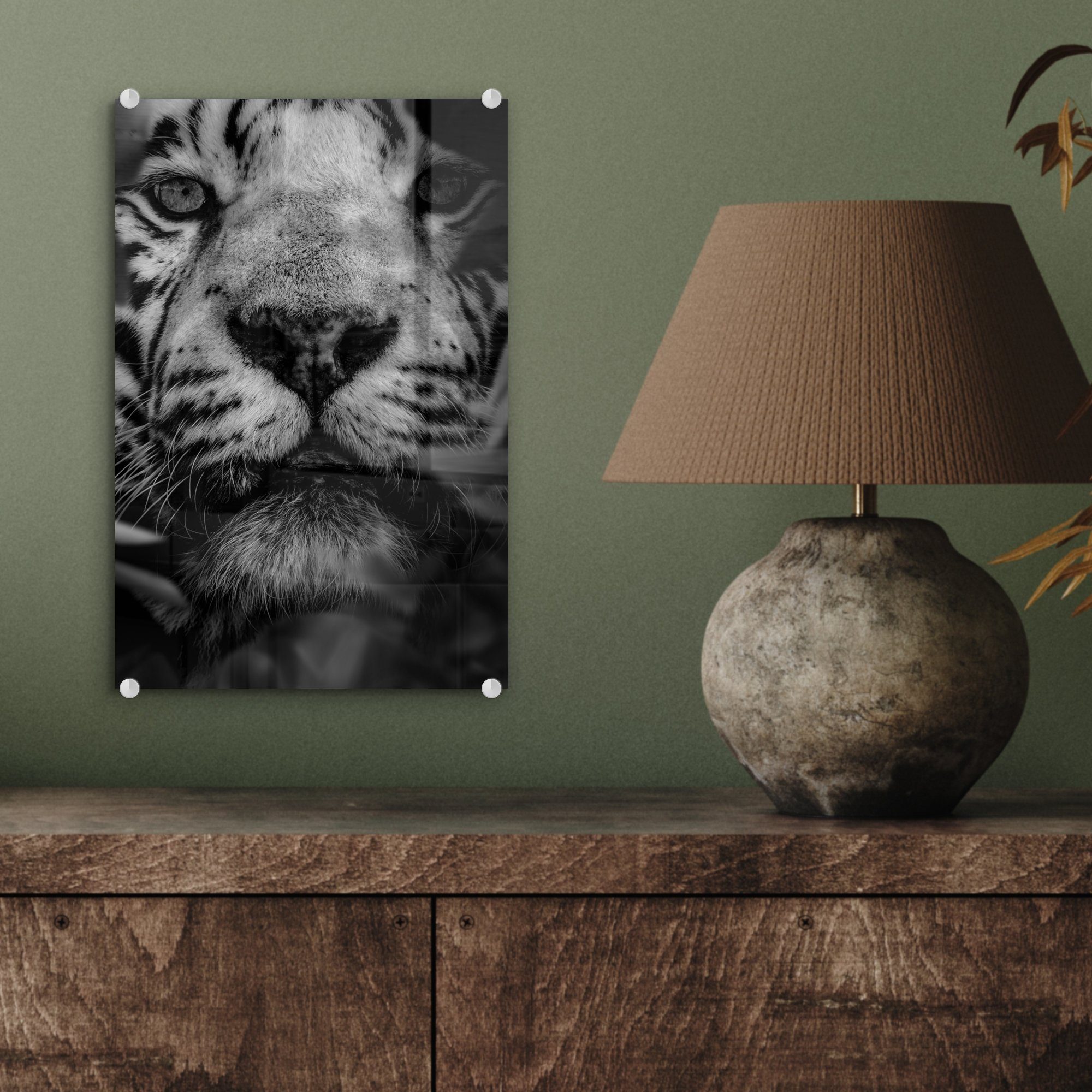 Blättern -, Dschungel MuchoWow - auf - und St), Glasbilder im Nahaufnahme Glas Wandbild Glas (1 Bilder auf weißen - Wanddekoration Tiger von einem Foto bunt Acrylglasbild