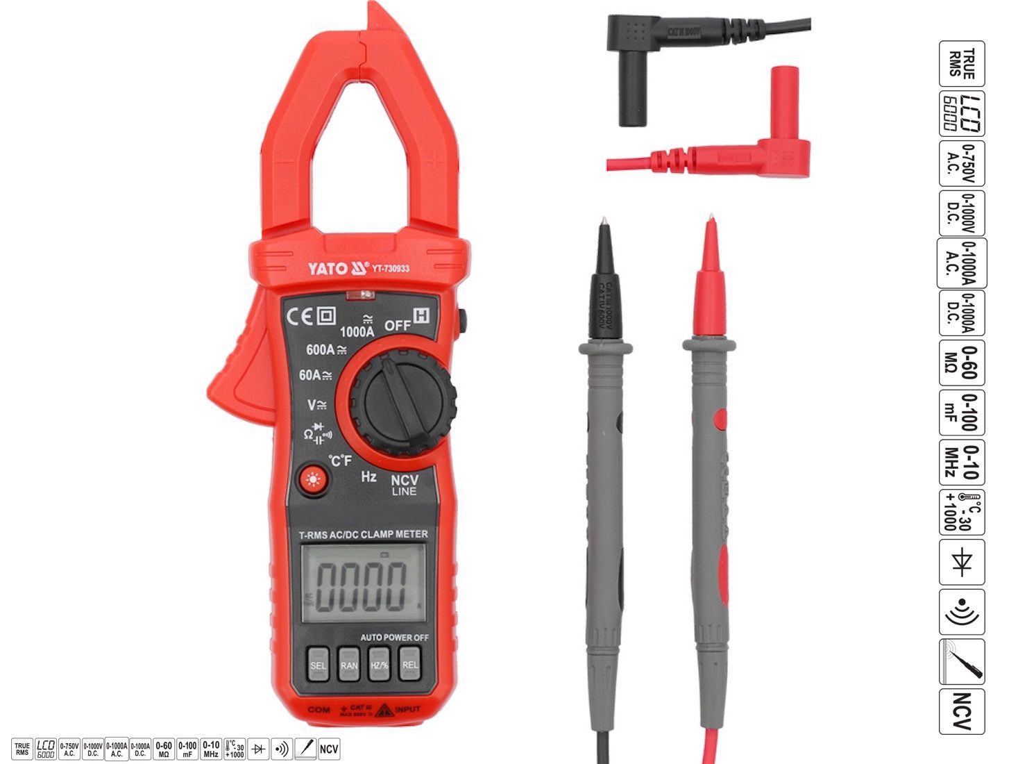 Yato Strommessgerät Messgerät, AC/DC 1000V, 1000A, Zangenmessgerät, ZangenMultimeter