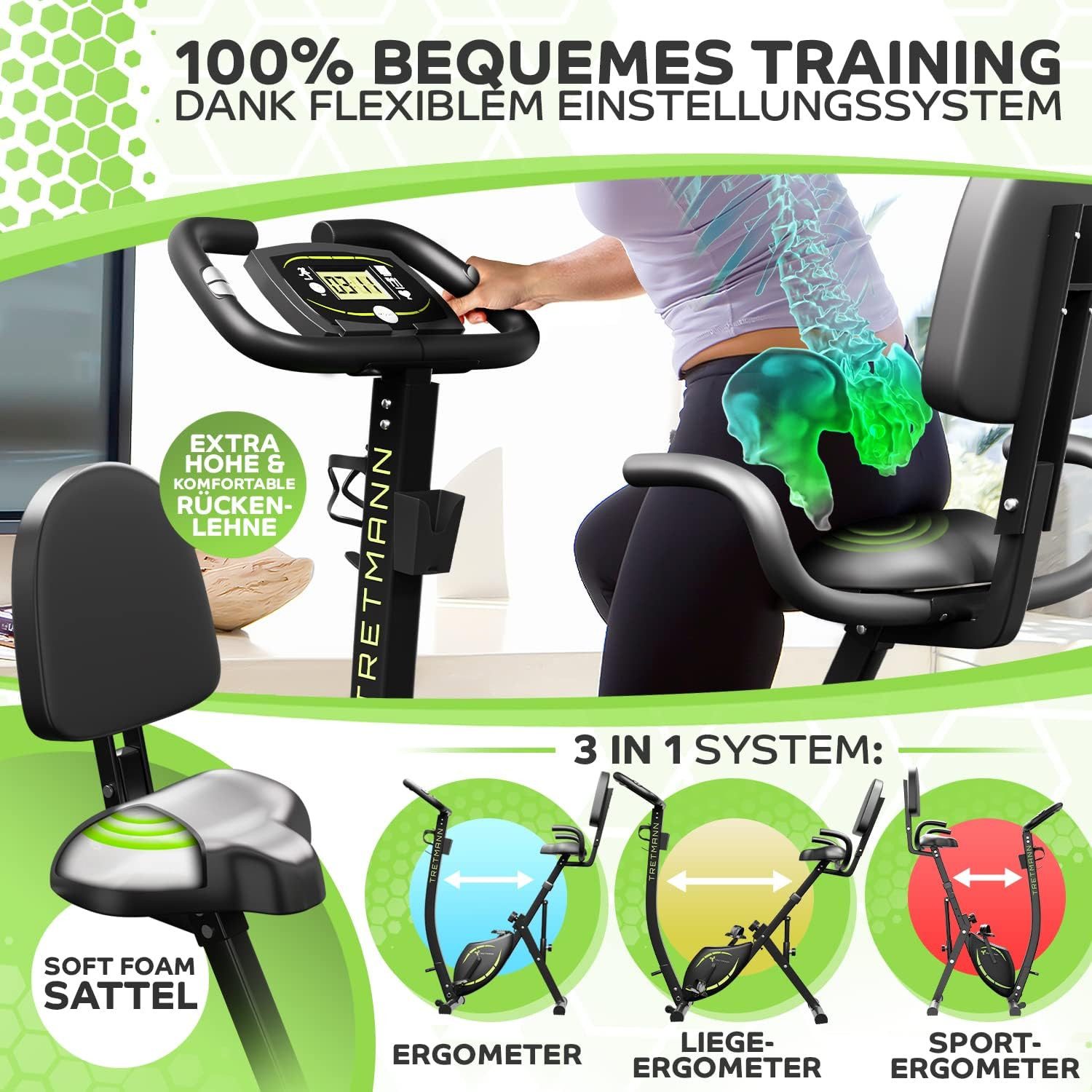 Tretmann Heimtrainer - 3in1 Heimtrainer Fahrrad klappbar -extra leise & komfortabel (1-tlg), DEKRA geprüft - mit tiefem Einstieg Hometrainer Fahrrad