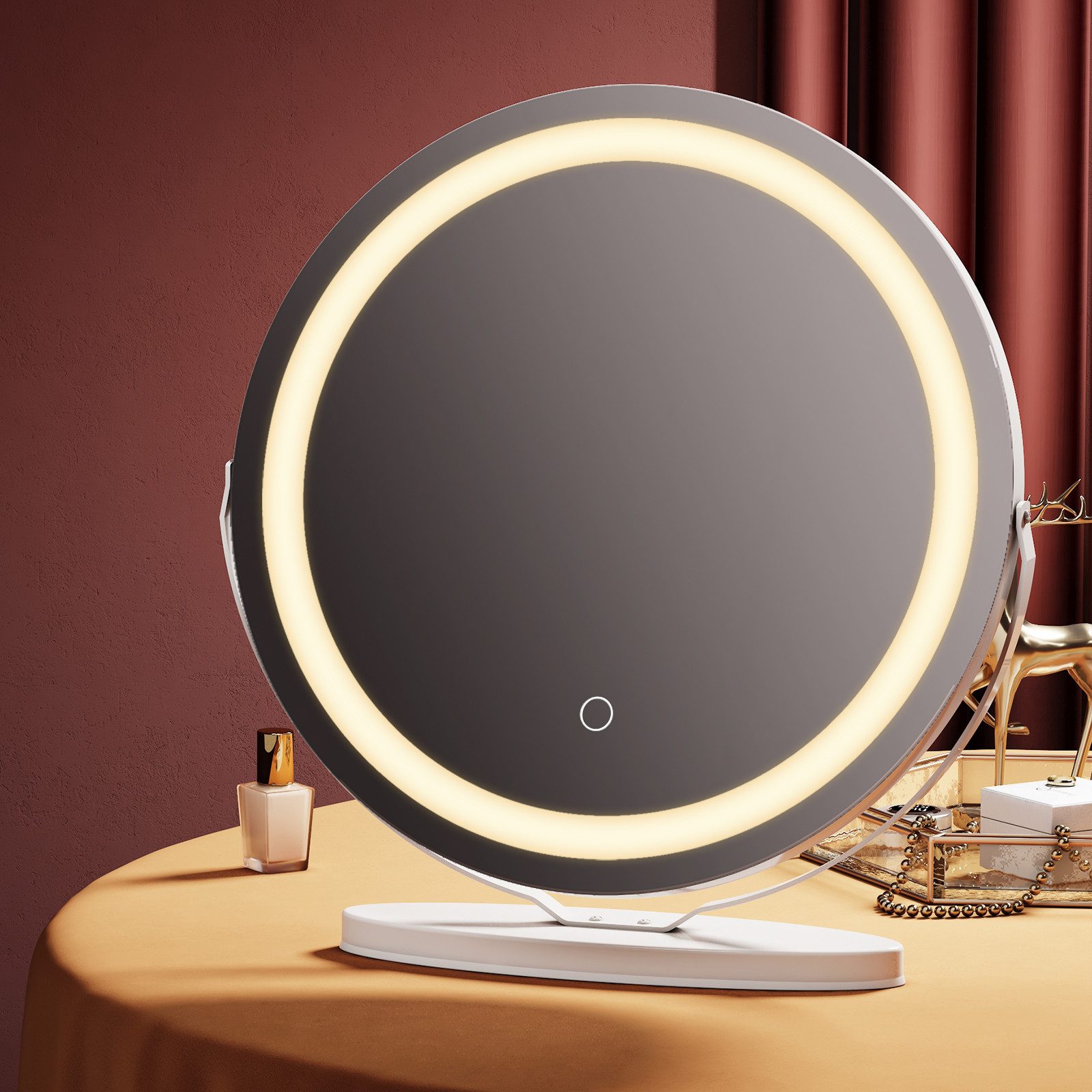 EMKE Kosmetikspiegel Runder Schminkspiegel mit Beleuchtung Tischspiegel, φ48cm 3 Lichtfarben,Dimmbar, 360° Drehbar