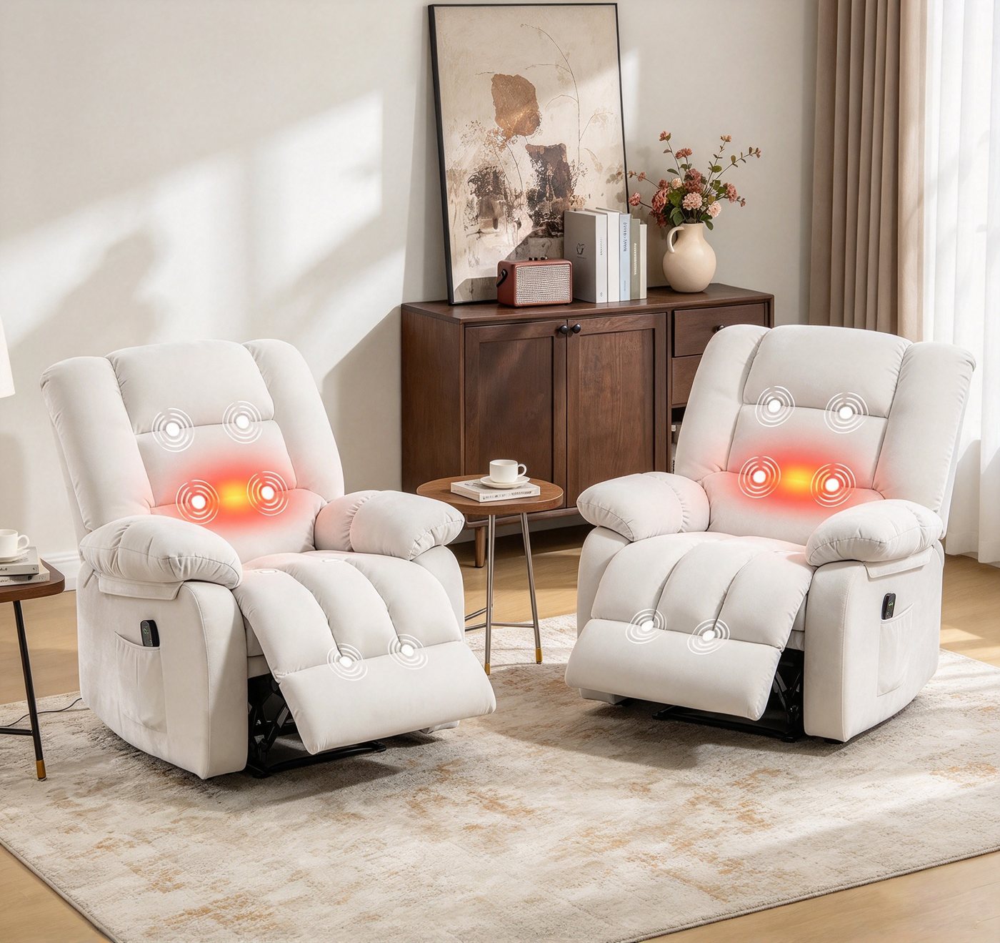 CANMOV Relaxsessel verstellbarer Massagesessel mit Liegefunktion und Wärmefunktion (2-St), Ergonomisch Lesesessel mit Seitentasche, 90°-160°