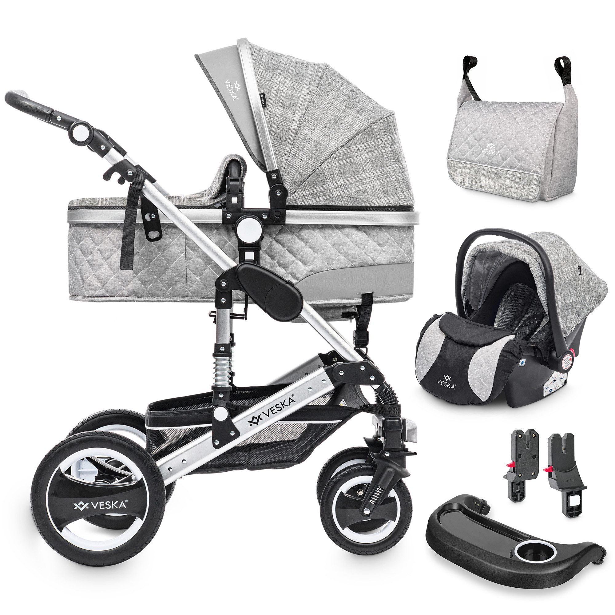 Kombi-Kinderwagen 3in1 inkl. Babyschale, Buggy, Jogger, mit Wickeltasche, Ess&Spieltisch