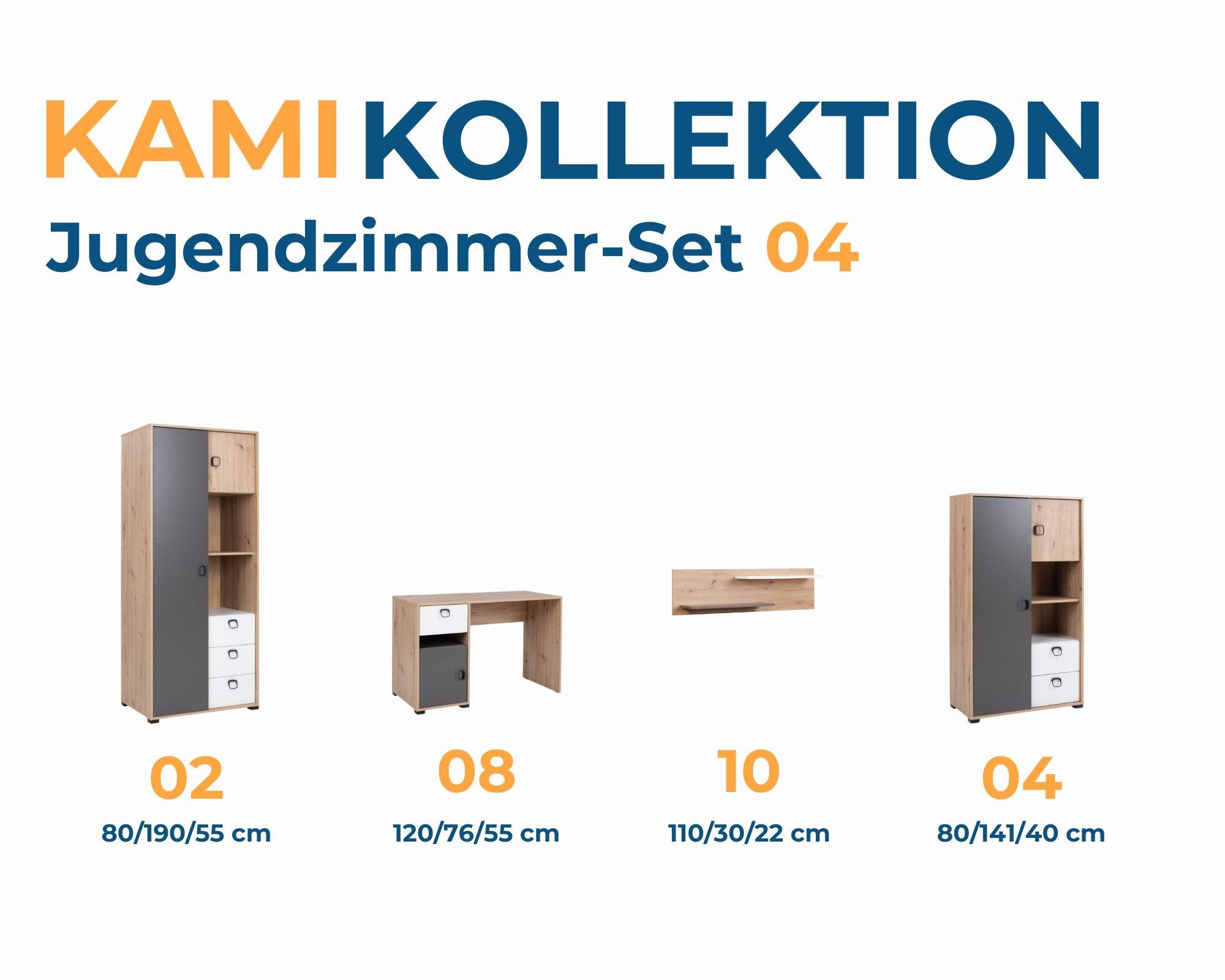 Deine Möbel 24 Jugendzimmer-Set KAMI 4 Jugendzimmer Jugendmöbel Kinderzimmer komplett, (Set, 4-tlg., Möbel fü Kinder Jugendliche), Kleiderschrank Hochkommode Kommode Schreibtisch Wandregal