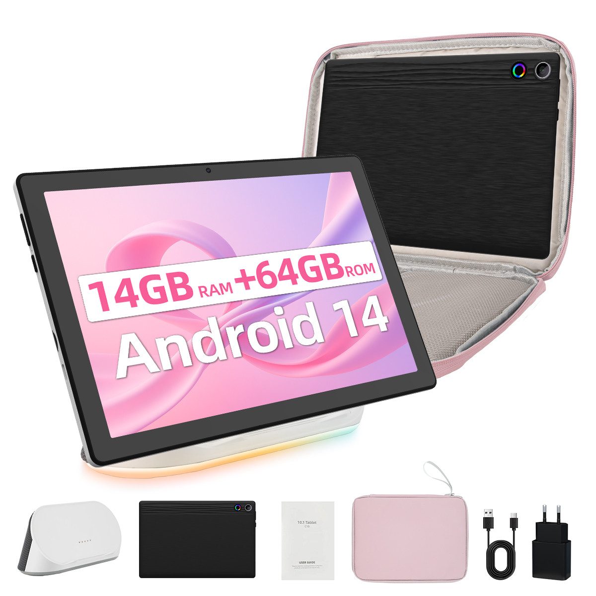 Happybe 10 Zoll Octa Core 14+64 GB ROM Lautsprecher-Dock HD Display WiFi6 Tablet (10", 64 GB, Android, WiFi6, BT 5.0)