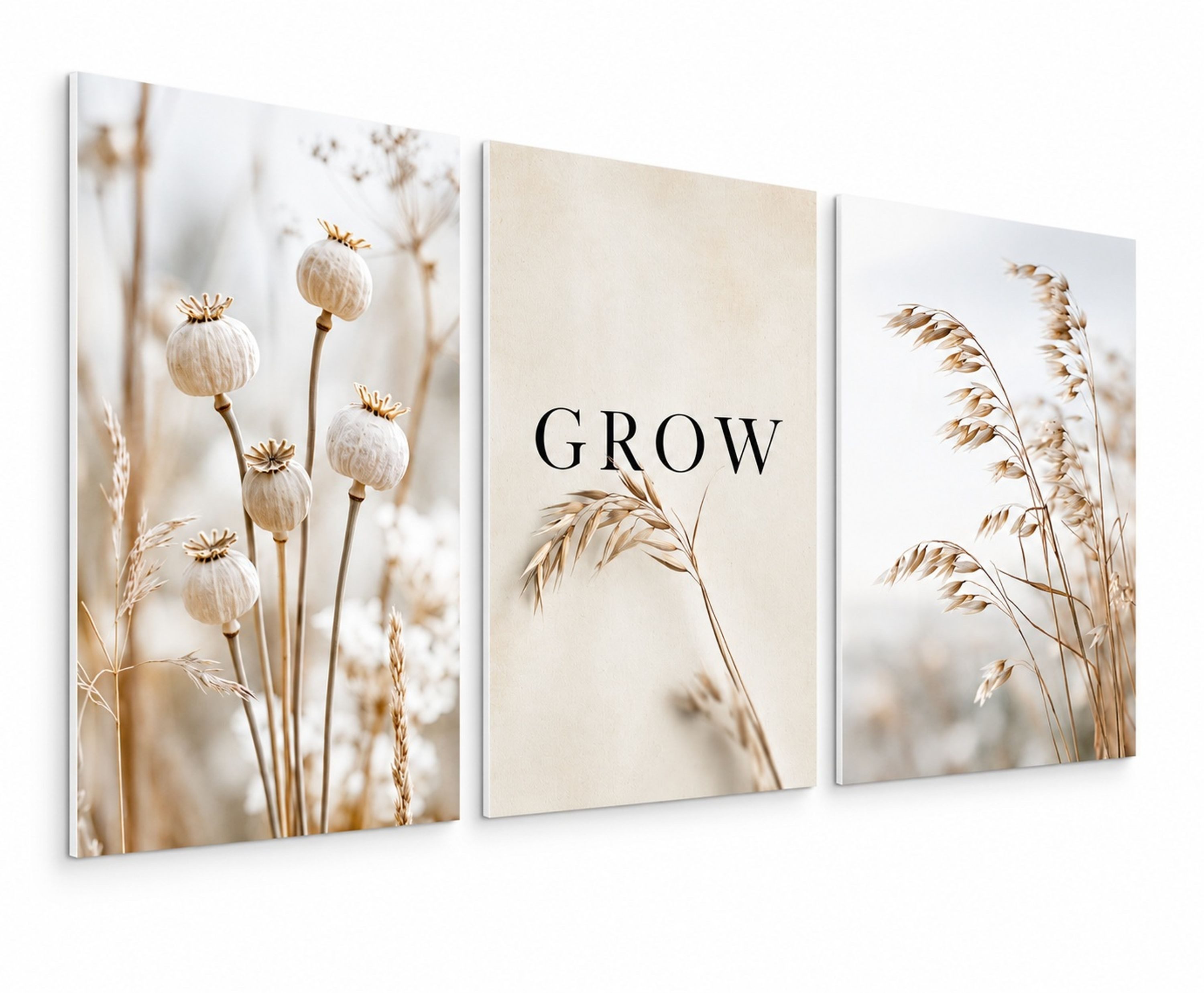 artissimo Mehrteilige Bilder Bilderset 3er-Set, helles Wandbilder-Set, Bilderwand, Wanddeko Japandi, Blumen und Gräser: Natur in beige weiß