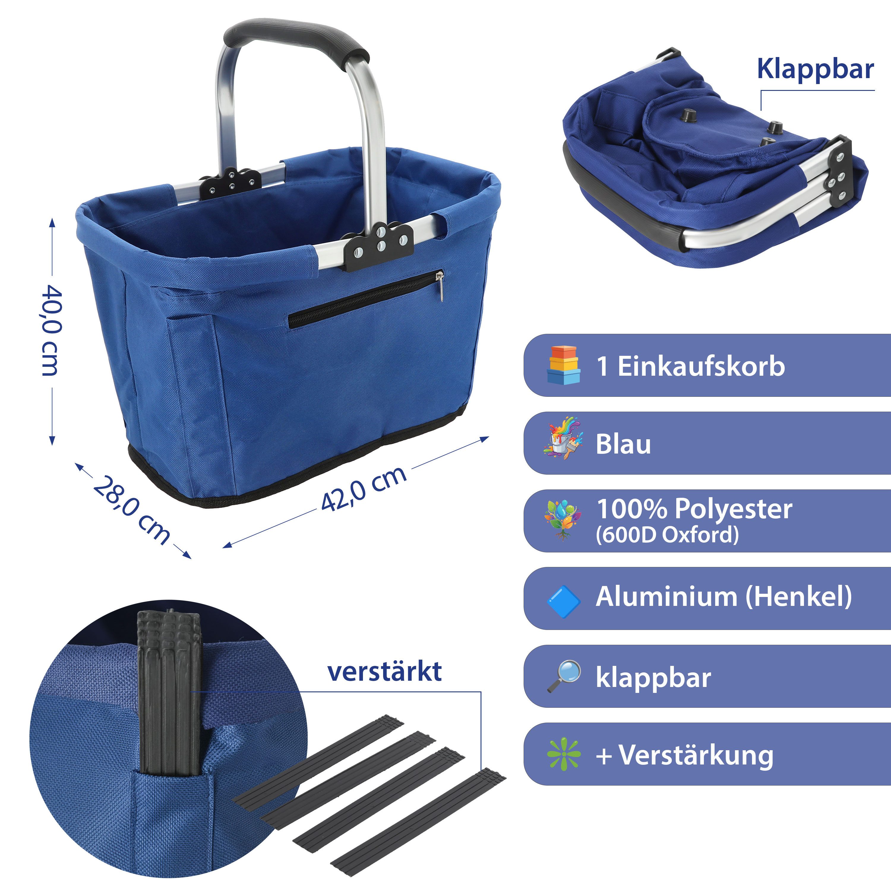CEPEWA Einkaufskorb Einkaufskorb faltbar blau Alu Polyester 600D 42x40x28cm Korb Griff
