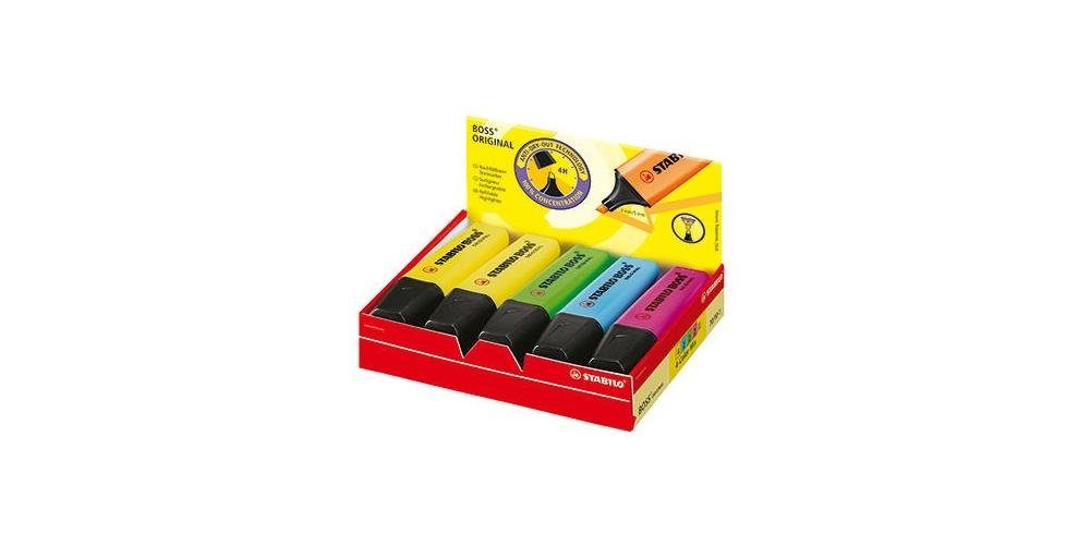 x pin 2 Textilmarker je x 4 mm Schreibfarbe: STABILO grün, 2-5 gelb, Strichstärke: ORIGINAL BOSS® Textmarker