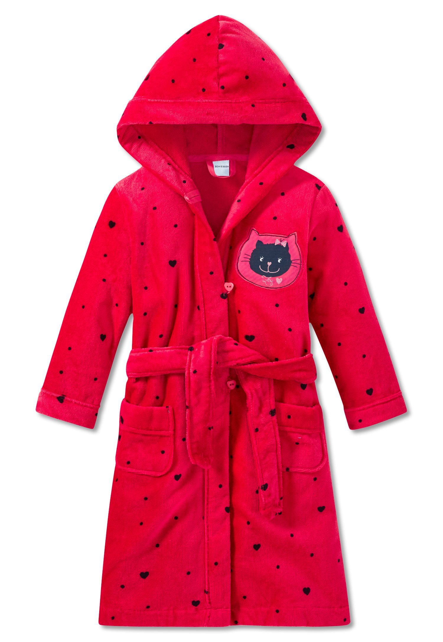 Schiesser Kinderbademantel Cat Zoe, Baumwolle, Kapuze, Gürtel