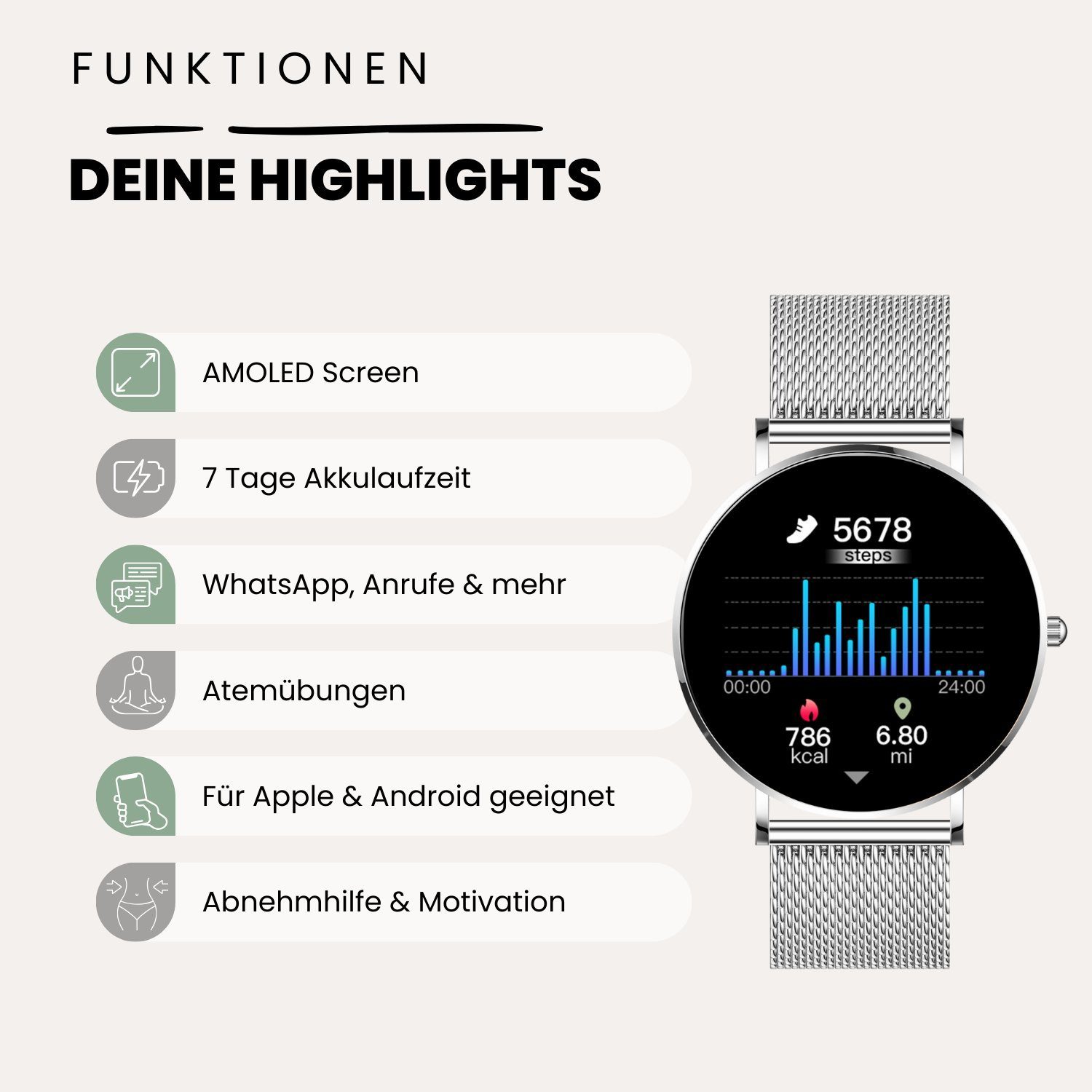 XCOAST SIONA 2 Damen Smartwatch (4,2 cm/1,3 Zoll, iOS und Android) feine Damenuhr, AMOLED, satte Farben, 21 Sportarten, >200 Ziffernblätter, 3-tlg., Blutsauerstoff, iOS&Android Handies, ultraflach (6,9mm), wasserdicht, Puls, Blutdruck
