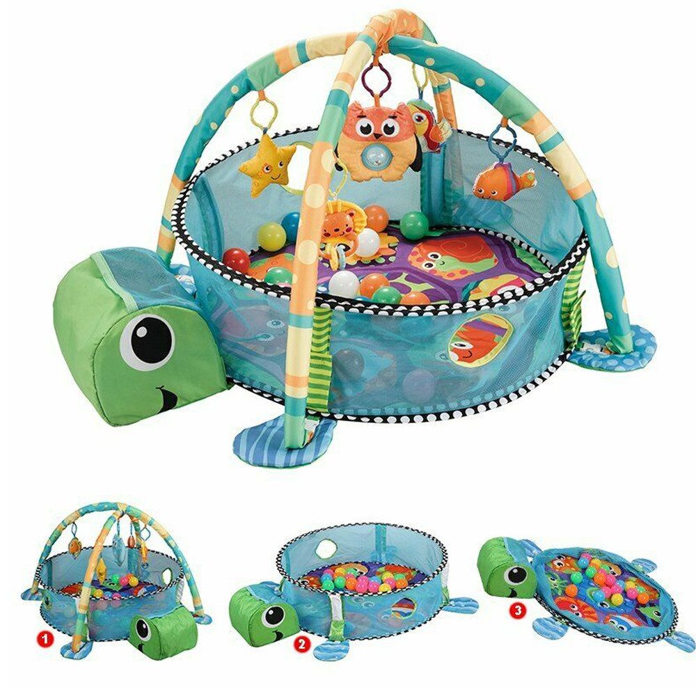 Krabbeldecke 3 in 1 Schildkröte Erlebnisdecke mit Spielbögen Bällebad, OUNUO