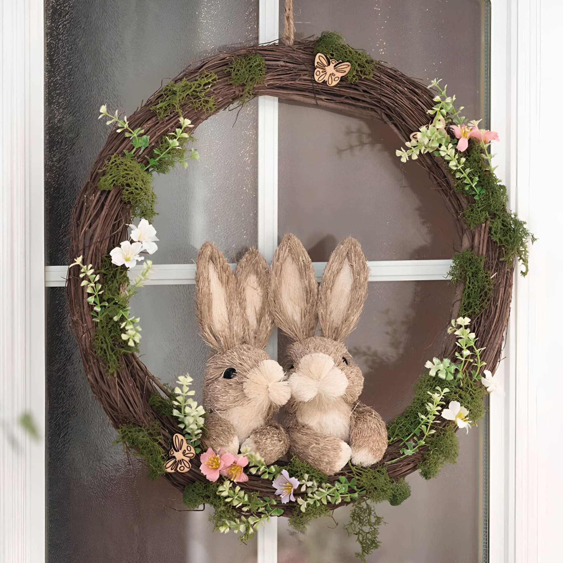 Dekoleidenschaft Osterkranz "Hasenpärchen" Ø 40 cm groß, Kranz aus Reisig Dekokranz mit Osterhasen, aus Stroh, Türkranz, Osterdeko, Naturkranz