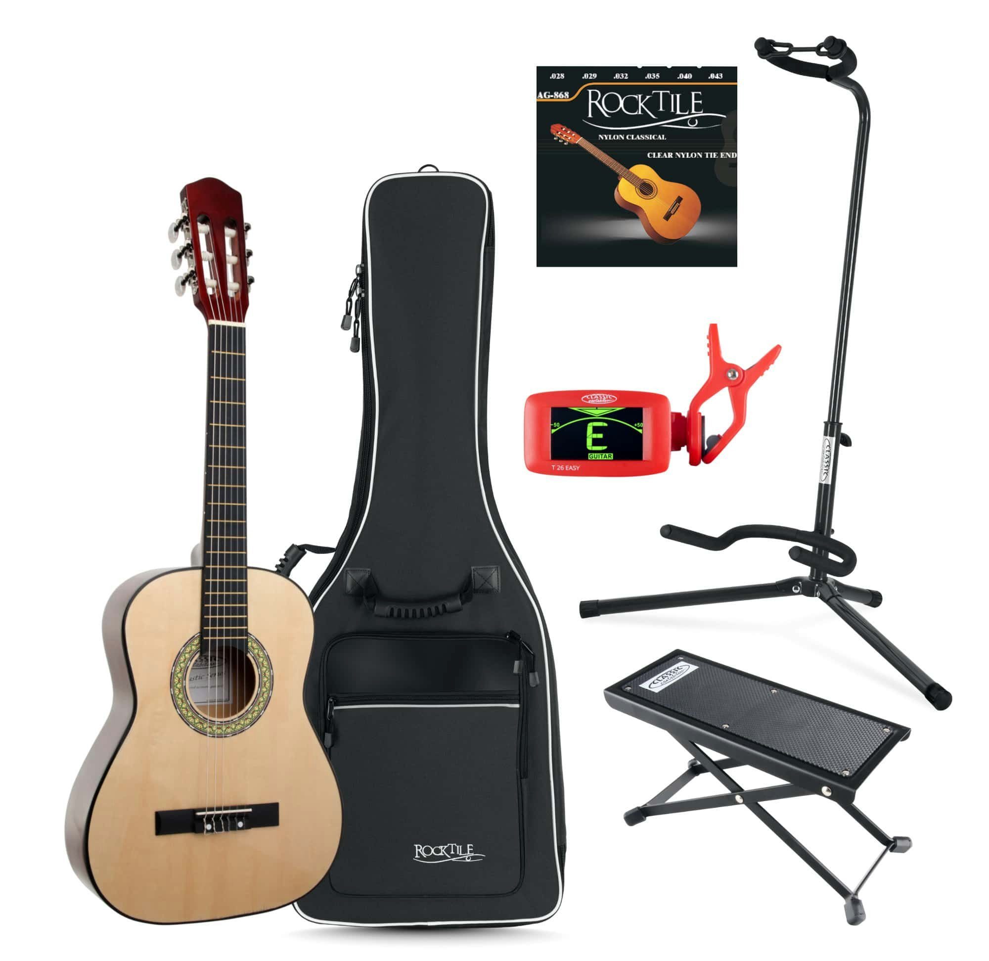 Classic Cantabile Konzertgitarre Klassik Gitarre - Komplettes Anfänger-Kit mit Ständer und Gigbag, 1/2, inkl. Fußbank, Stimmgerät und ein Satz Saiten