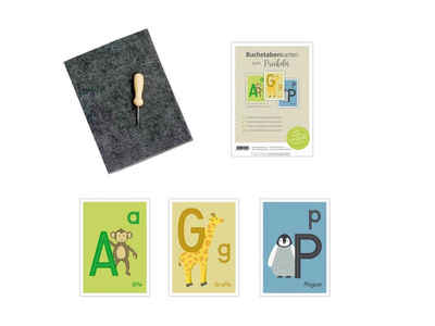 LK Trend & Style Bastelkartonpapier Familienmomente 26 Buchstabenkarten zum Prickeln ABC mit Tiermotiven DIN A6 - Geschenkidee für die Einschulung (Schultüte/Zuckertüte) Schulanfang, 100% Recyclingpapier