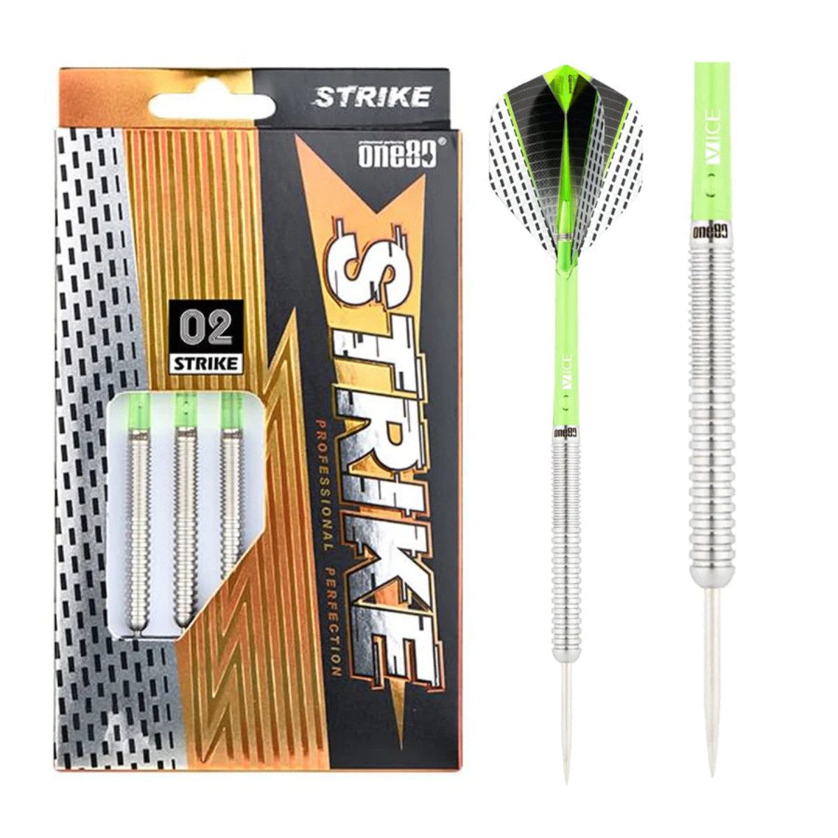 one80 Dartpfeil Strike 02 Steeltip 3er-Dartset 22g Silber-Grün Steeldarts, Strukturierte Griffzone unterstützt klare Orientierung