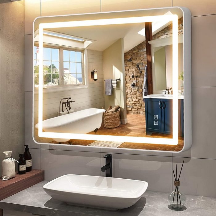 Fine Life Pro Badspiegel mit Beleuchtung Anti-Beschlag 80x60cm Badezimmerspiegel (Set) IP44 Antibeschlag-Badspiegel mit LED-Beleuchtung
