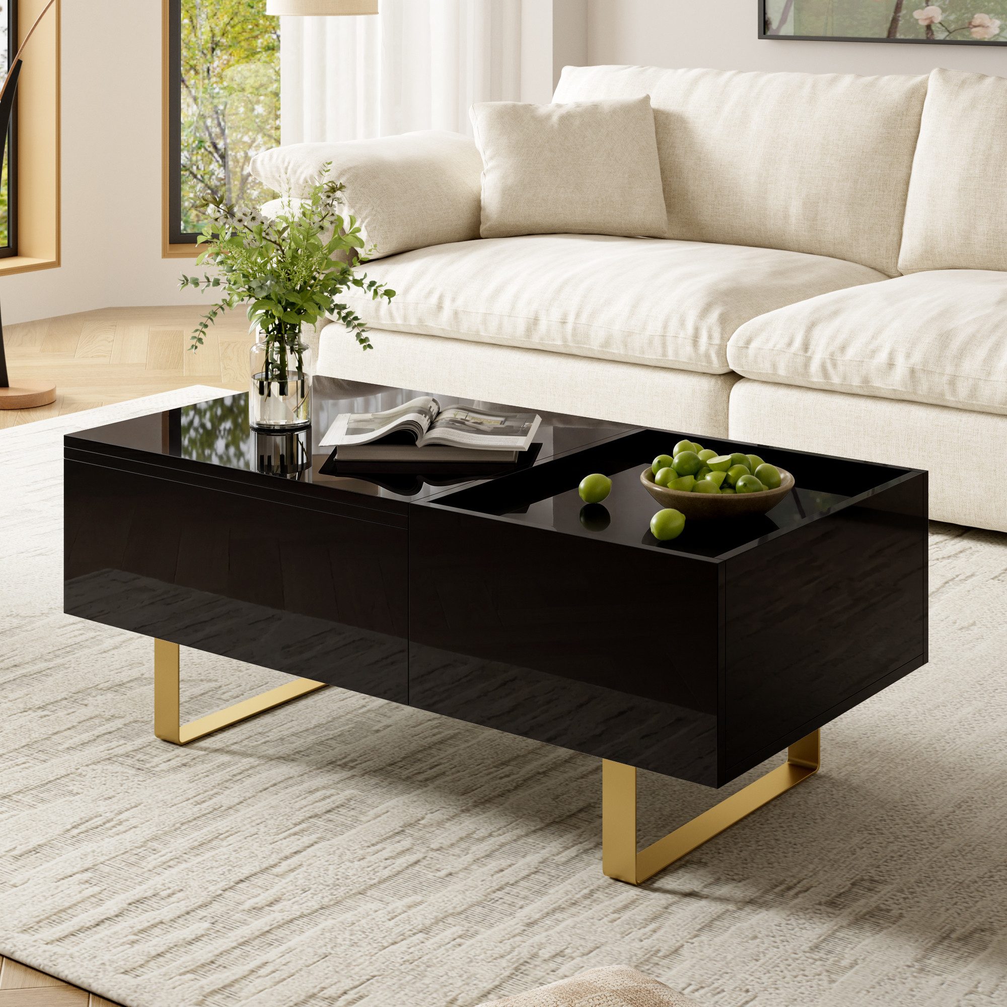 Odikalo Couchtisch Beistelltisch Sofatisch Höhenverstellbarer mit Schublade (100Lx50Bx54,5H(cm)Wohnzimmertisch Kaffeetisch mit Eisenfüßen Hochglanzoberfläche MDF)