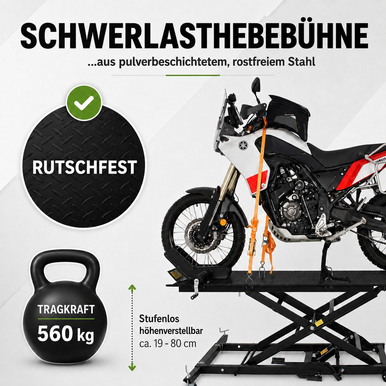 TRUTZHOLM Hydraulikheber Motorradhebebühne hydraulisch 560 kg Breite 60 cm Scherenheber Heber, (1 St), Platzsparend verstaubar, abnehmbare Auffahrrampe, stufenloses Heben