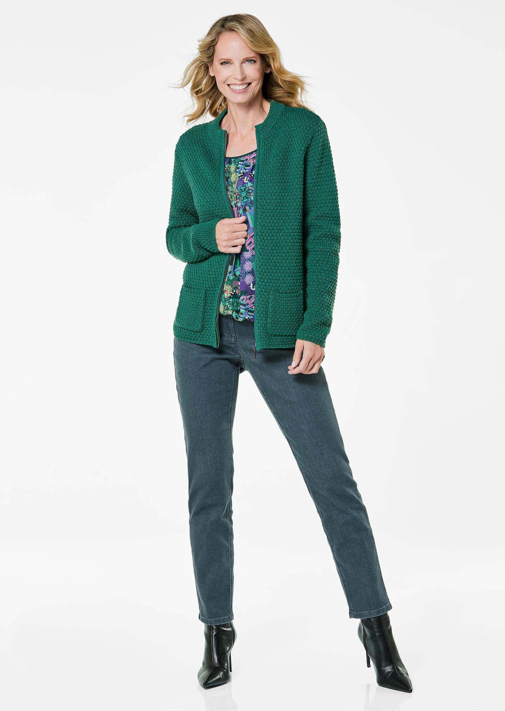 GOLDNER Strickpullover Elegante Wolljacke mit Noppenstruktur Hüftlange Alltagsjacke mit Stehkragen, Taschen und Langarm