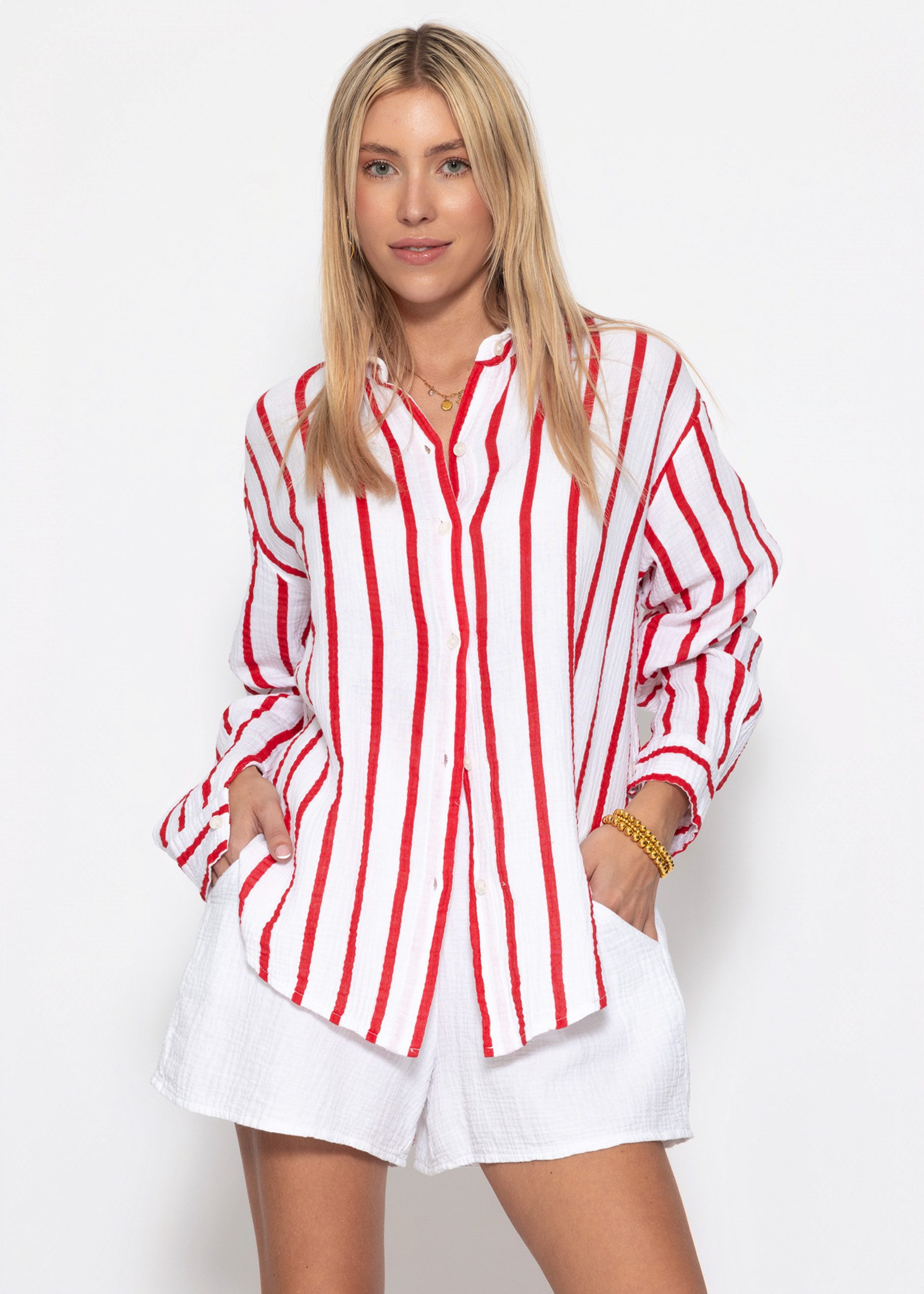 SASSYCLASSY Hemdbluse Musselin Hemdbluse mit Streifen für Damen Luftige Bluse in lockerem Schnitt mit Manschetten und Knopfleiste