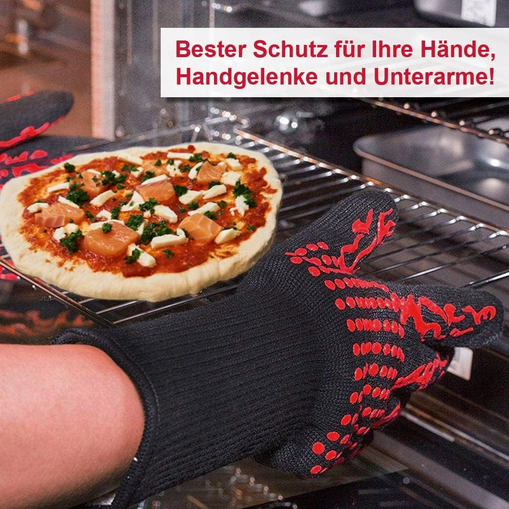 JATrade Grillhandschuhe hitzebeständig mit Grillthermometer & Marinierpinsel Grill Dutch Oven, (1 Paar Grillhandschuhe, 1 Grillthermometer, 1 Marinierpinsel), Ideal auch für Backofen, Kamin, Smoker und als Geschenk!