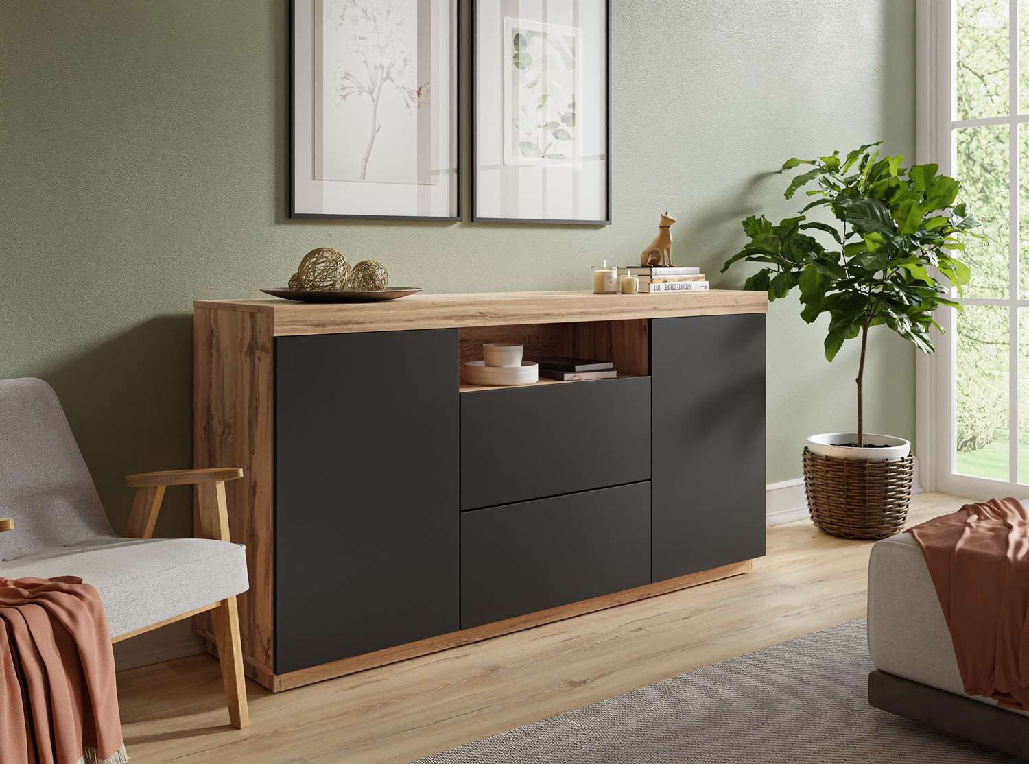 ALLHOUSE24 Kommode WIXI 164 cm Breite Sideboard matt Wotan Eiche PUSH TO OPEN (1x Kommode), Breite 164 cm