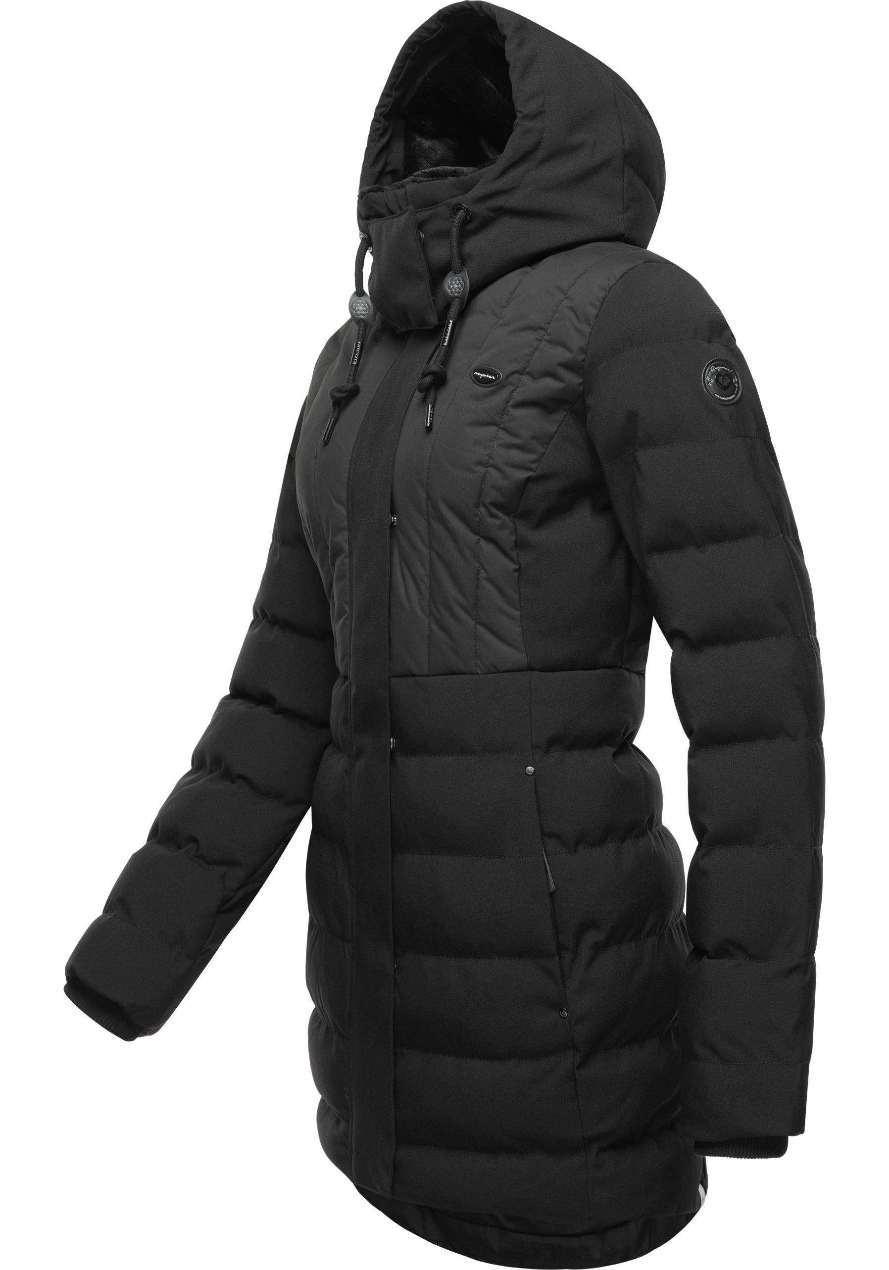 mit Winterparka Ragwear schwarz Block gesteppter gefütterter Winterjacke stylischer, Kapuze Ashanta