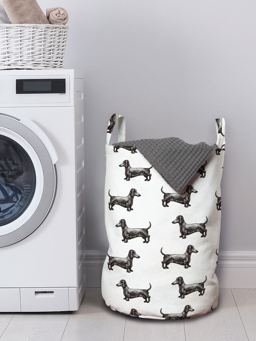 für Kordelzugverschluss Waschsalons, Abakuhaus Wäschesäckchen Hunde Musterlinien mit Dackel Wäschekorb Griffen