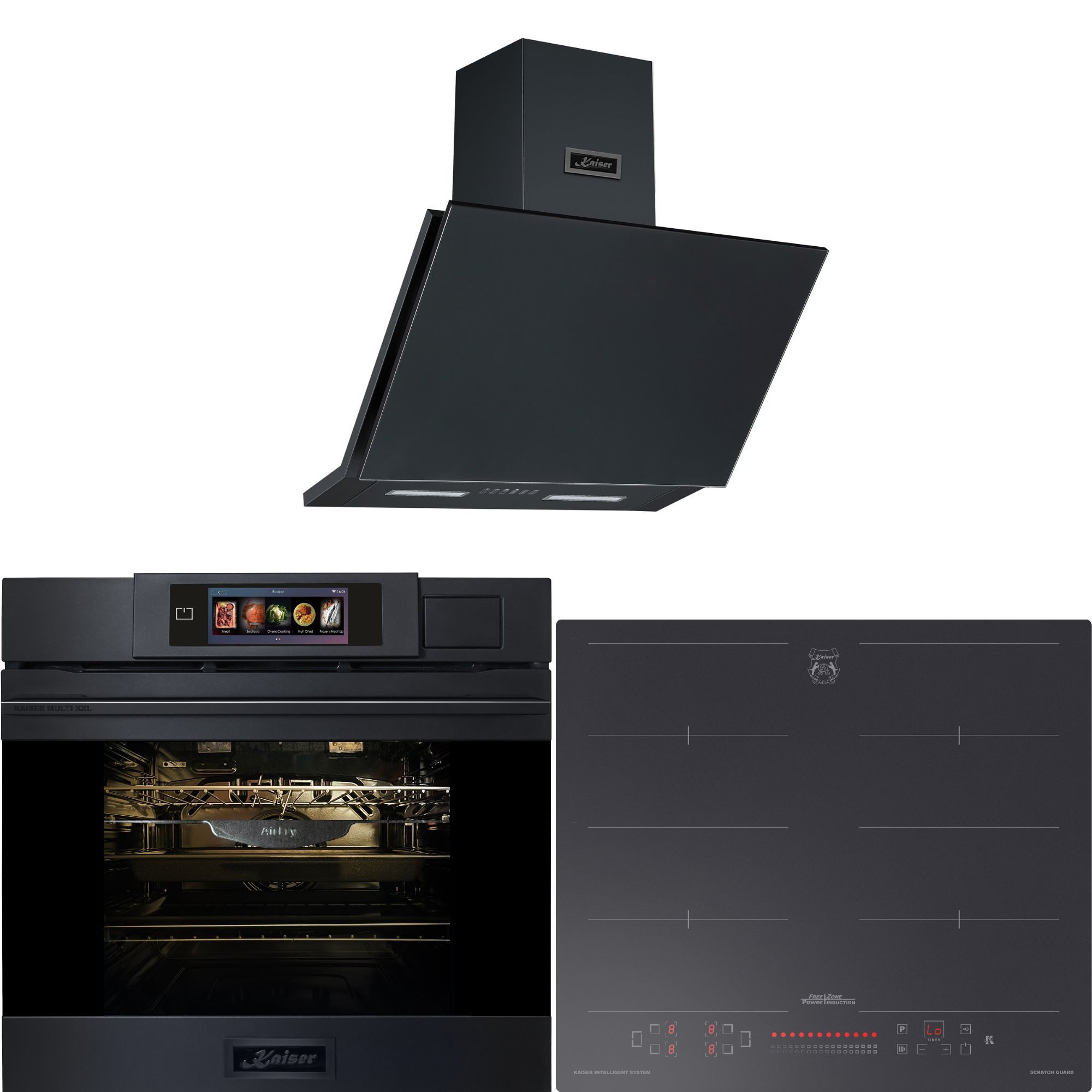 Kaiser Küchengeräte Backofen-Set Herd Set Autark XXL Multi 37,Multifunktions-Elektro-Dampfbackofen mit Dampfreinigung, 60 cm+Induktions Kochfeld Autark Herd Power Booster 60 cm Anti Scratch/ matt+Dunstabzugshaube 60cm 1250m³/h Schwarz matt EH 6341+KCT 6110 FI+AT 6455 s, mit 1-fach-Teleskopauszug