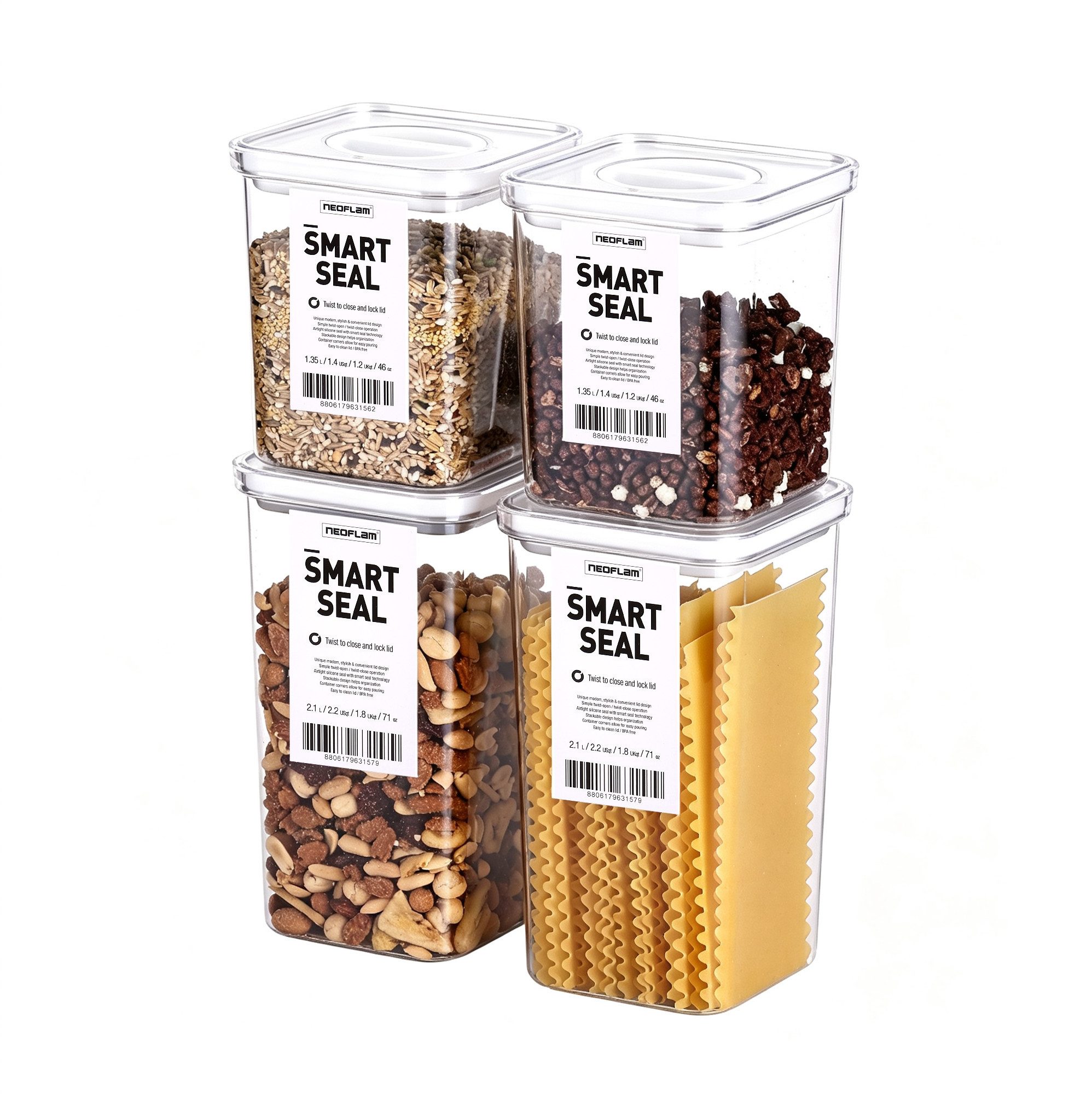 NEOFLAM® Vorratsdose Smart Seal C-Moa Vorratsbehälter Set 4tlg. - Gr. 2x M, 2x L, Kunststoff (AS & PP), Silikon, (4-tlg)