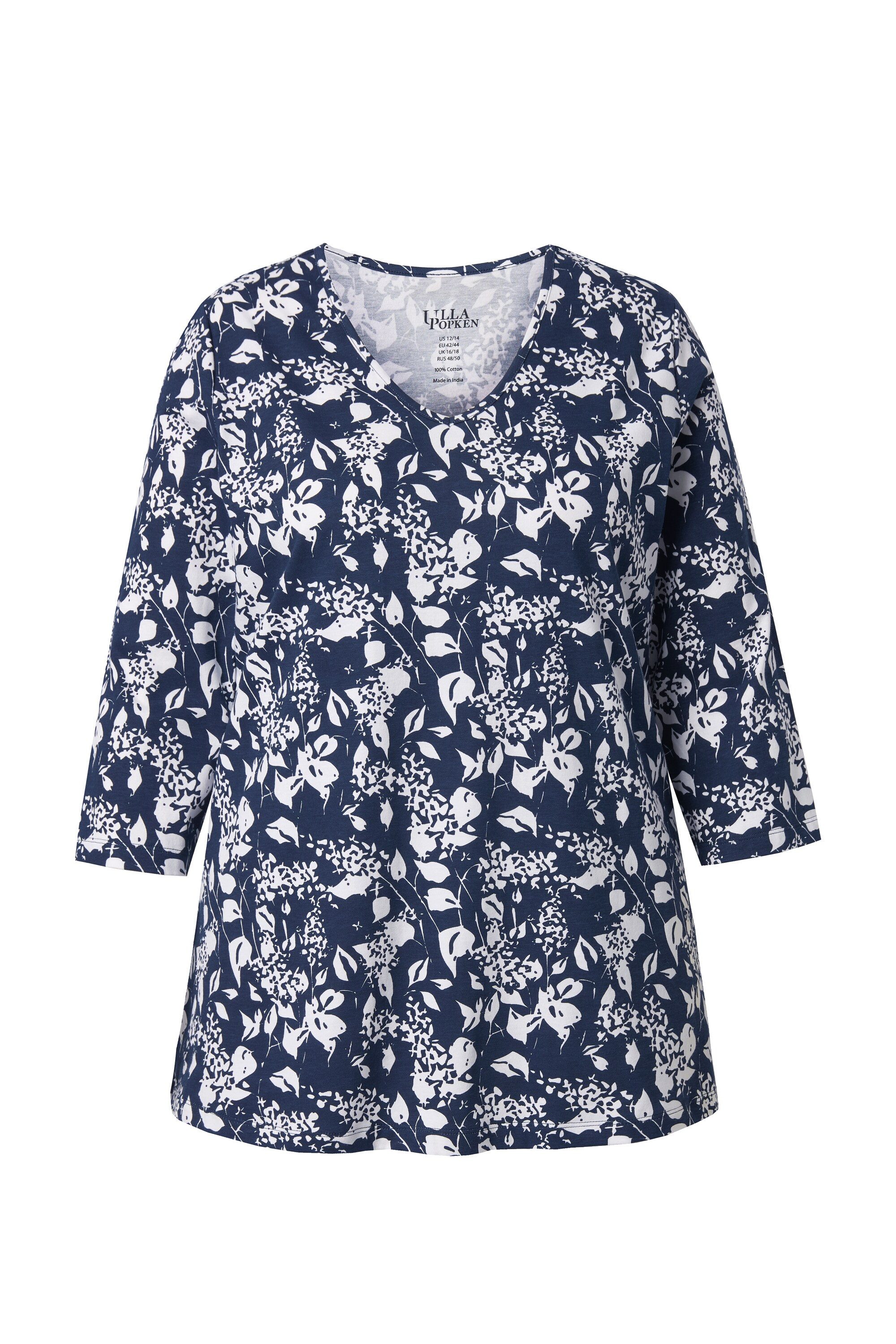 Longshirt Longshirt Blüten A-Linie V-Ausschnitt 3/4-Arm