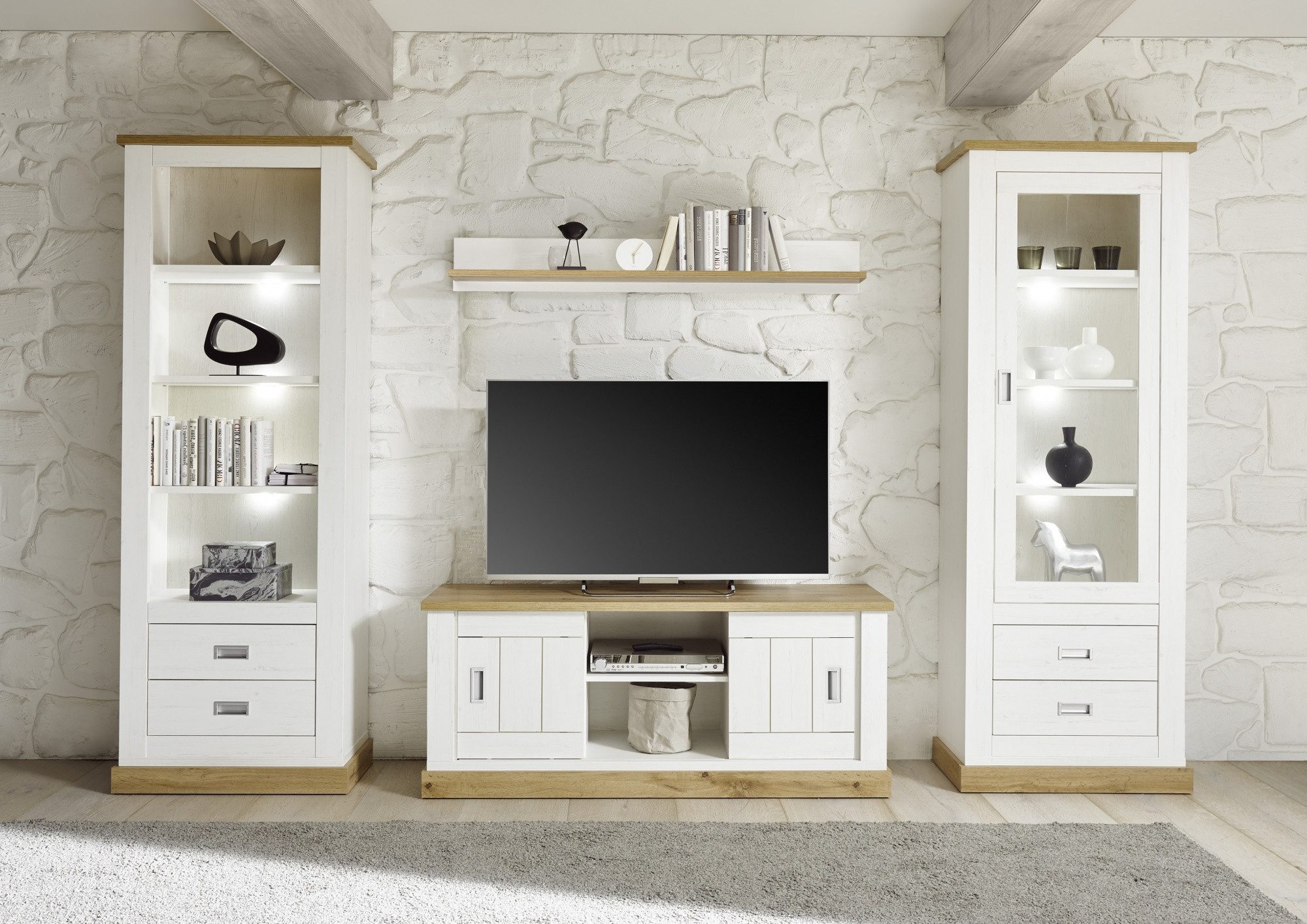 Beauty.Scouts Wohnzimmer-Set Kombination "Hamptons", Pinie Weiss Dekor, 324x204x46 mit Beleuchtung