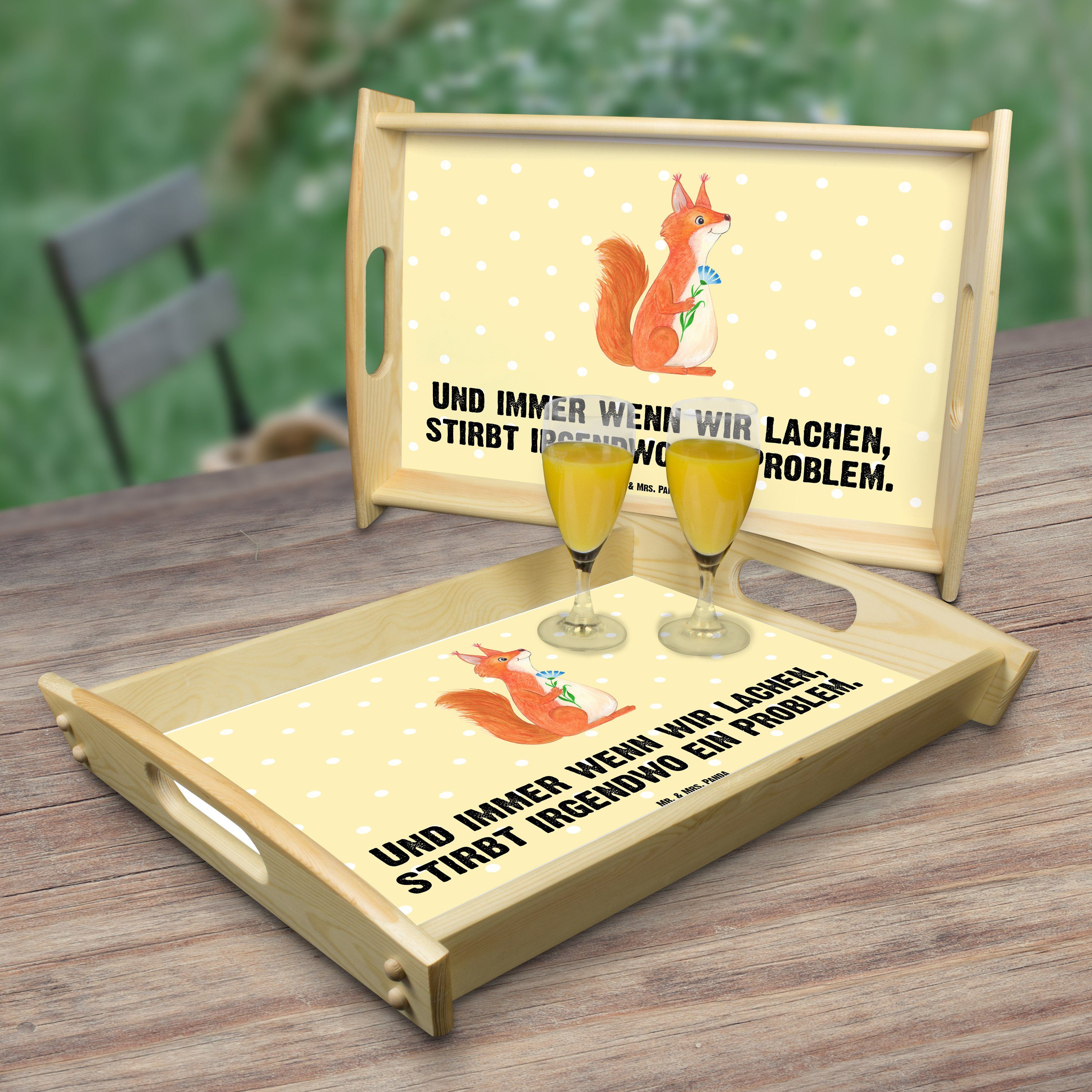 Geschenk, lasiert, - Tablett Eichhörnchen Spruch, Gelb & Mr. Blume Tiere, (1-tlg) Mrs. Echtholz - Panda Tablett, Pastell