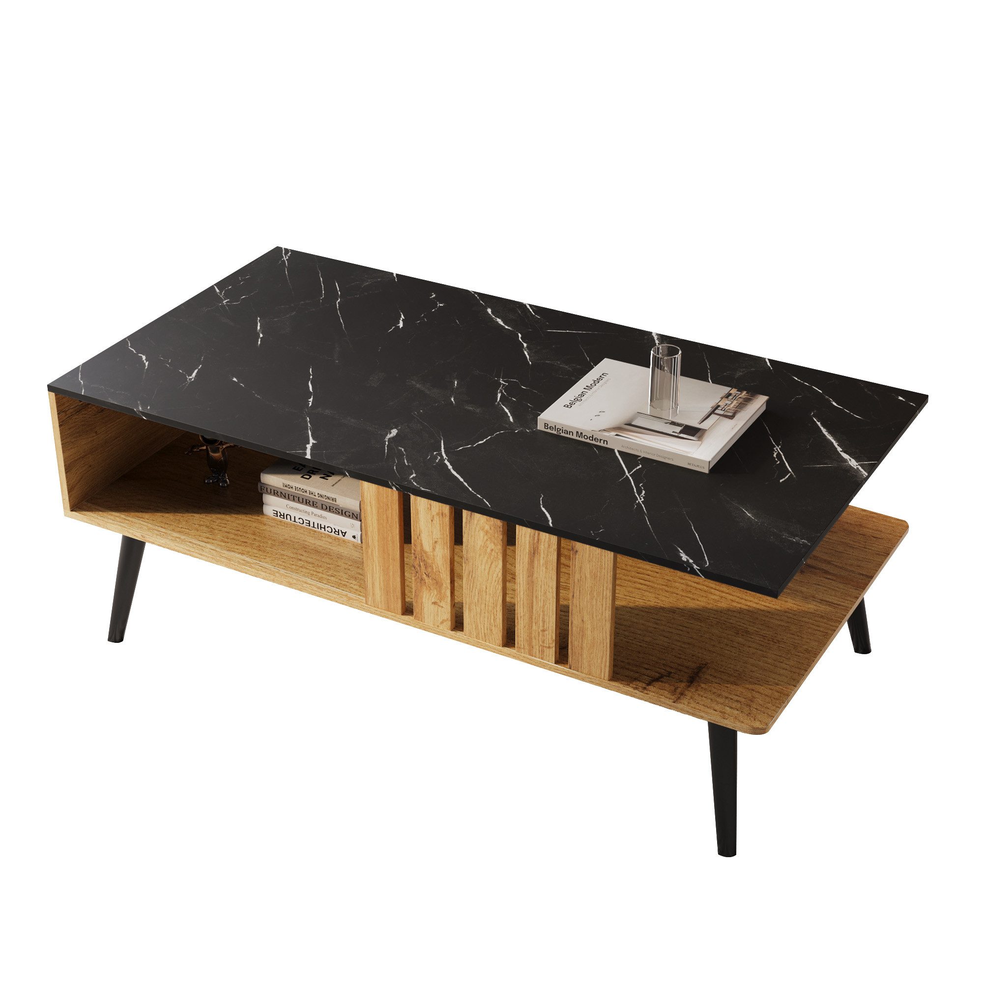 Merax Couchtisch Holz in Marmoroptik, Beistelltisch mit Holzlattendekoration, Wohnzimmertisch mit großem Stauraum, B/H/T: 90/40/54cm