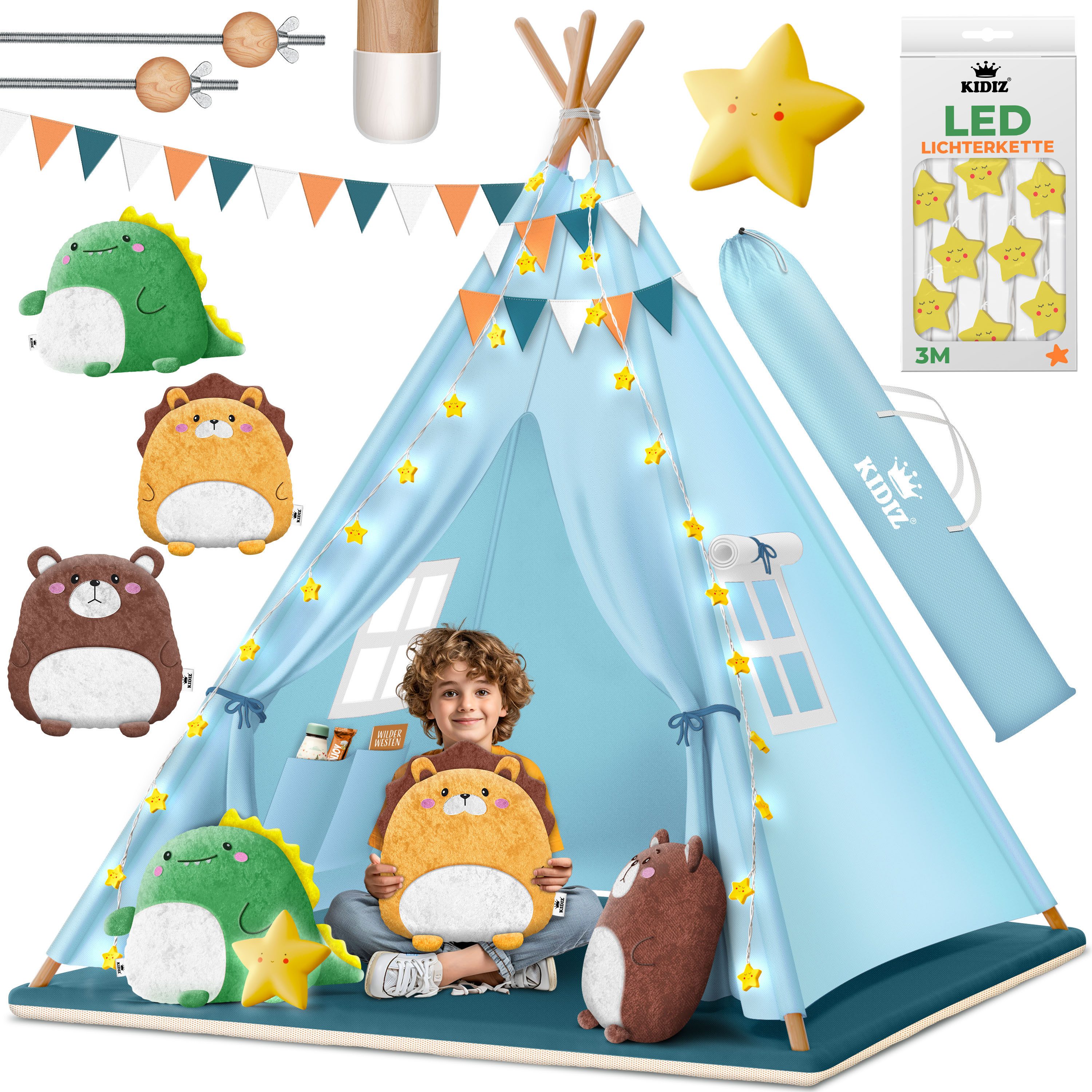 KIDIZ Spielzelt Tipi Zelt für Kinder aus Baumwolle 100x100x160cm Kinderzelt (LED-Lichterkette, Leuchtstern, Girlande, 3 Plüschtiere, Matte & Tasche) Spielhaus für drinnen & draußen Tipizelt