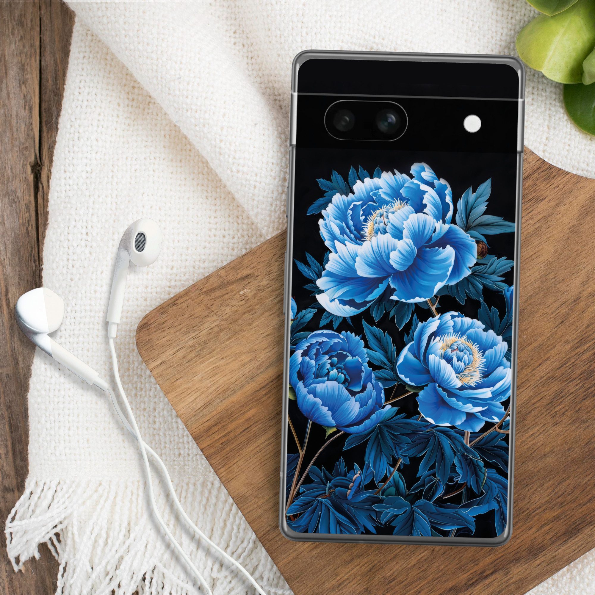 MuchoWow Handyhülle für Google Pixel 7a Blumen - Schwarz - Blau - Modern, Handy Case, Silikon, Bumper Case Dünn