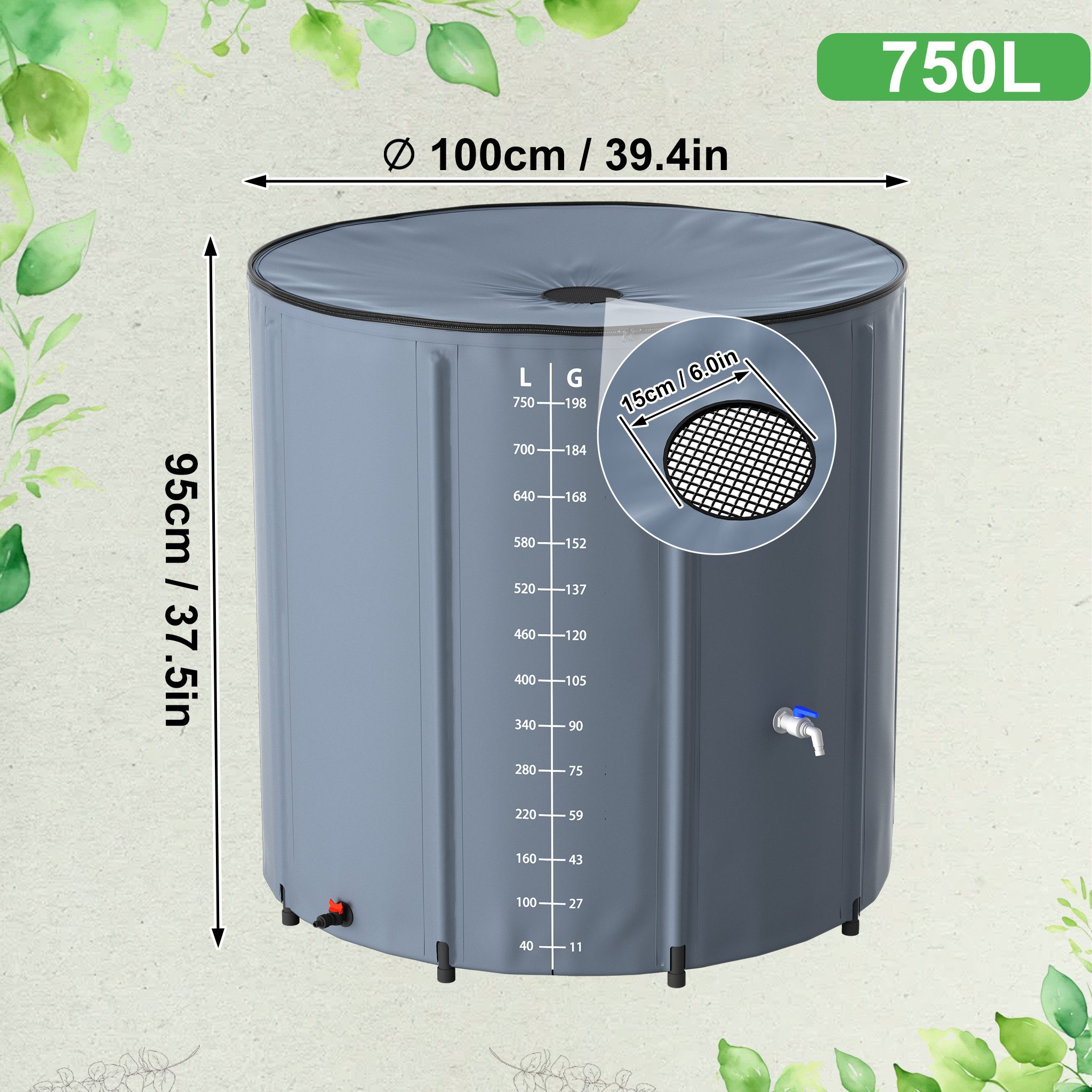 FIVMEN Regentonne Regenwassertonne faltbar Regenfass Wassertank Regenwassertank mit Hahn, 750 l, (200L / 380L / 500L / 750L), für Garten Balkon Regenfass mit Ablassventil und Überlaufschutz
