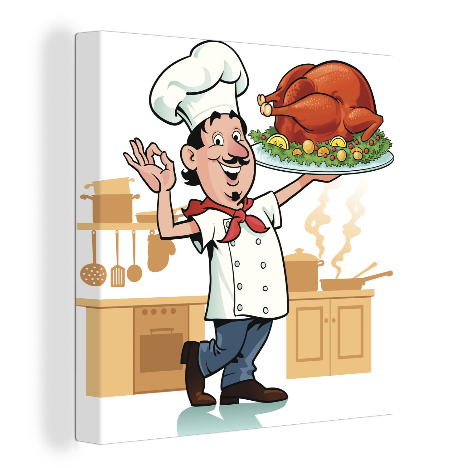 OneMillionCanvasses® Leinwandbild Eine Illustration eines Kochs mit einem Stück Fleisch, (1 St), Leinwand Bilder für Wohnzimmer Schlafzimmer
