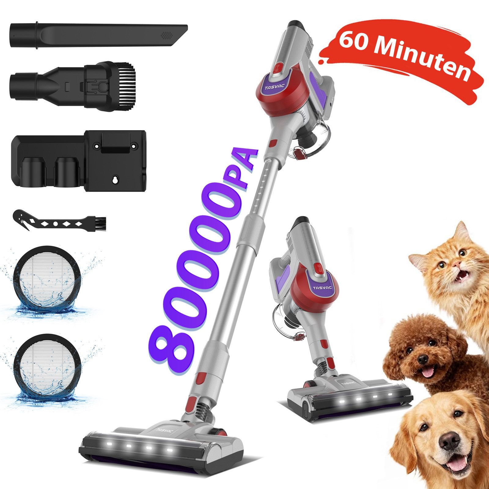 TASVAC Akku-Hand-und Stielstaubsauger Akku Staubsauger 80000Pa/60Min/1,7 L Staubsauger Kabellos, mit Beutel, 50dB leise/5-Stufen-Filter/LED Display, Ideal für Böden/Teppiche/Auto
