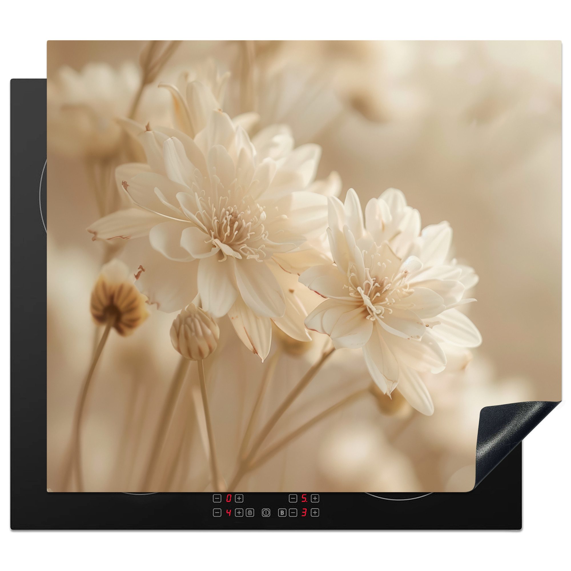 MuchoWow Herd-Abdeckplatte Blumen - Beige - Natur, Vinyl, (1 tlg), Ceranfeldabdeckung Küche, Herdabdeckplatte Einteilig, 60x52 cm