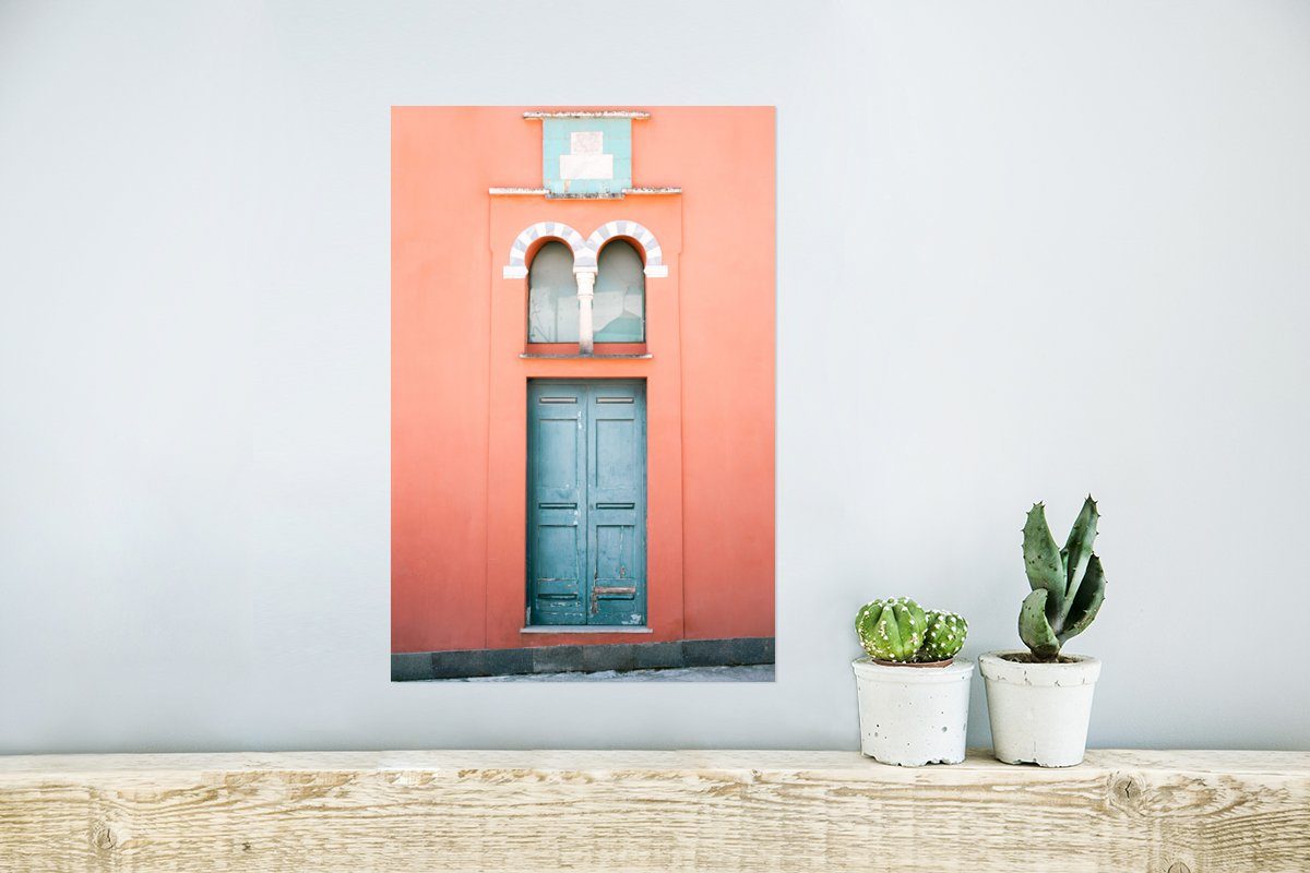 Ohne Wohnzimmer, Tür - - Blau Poster für Wandbild, Wandposter - Rahmen Architektur Rot, St), MuchoWow Poster, (1