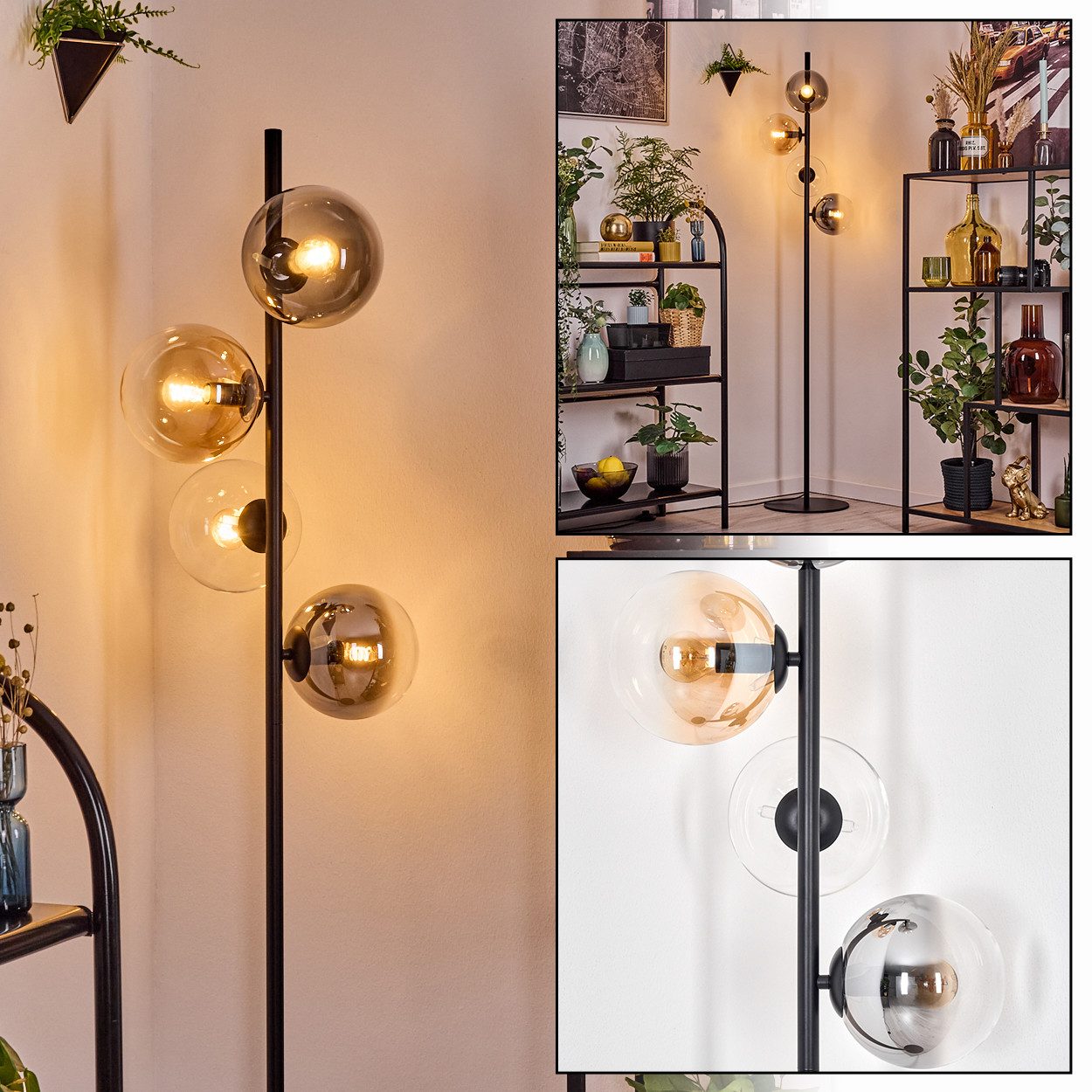 Stehlampe Stehlampe aus Metall/Glas in Schwarz/Bernstein-/Rauchfarben/Klar