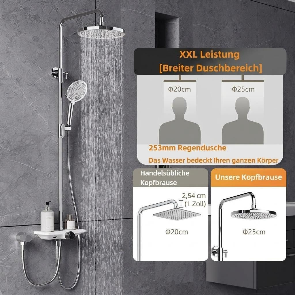 GarveeMore Brausegarnitur Regendusche Duschsystem mit Ablage 3-Funktion höhenverstellbar-D25cm, XXL Überkopfbrause und 3 Funktion Handbrause Rund,Höhen Einstellbar