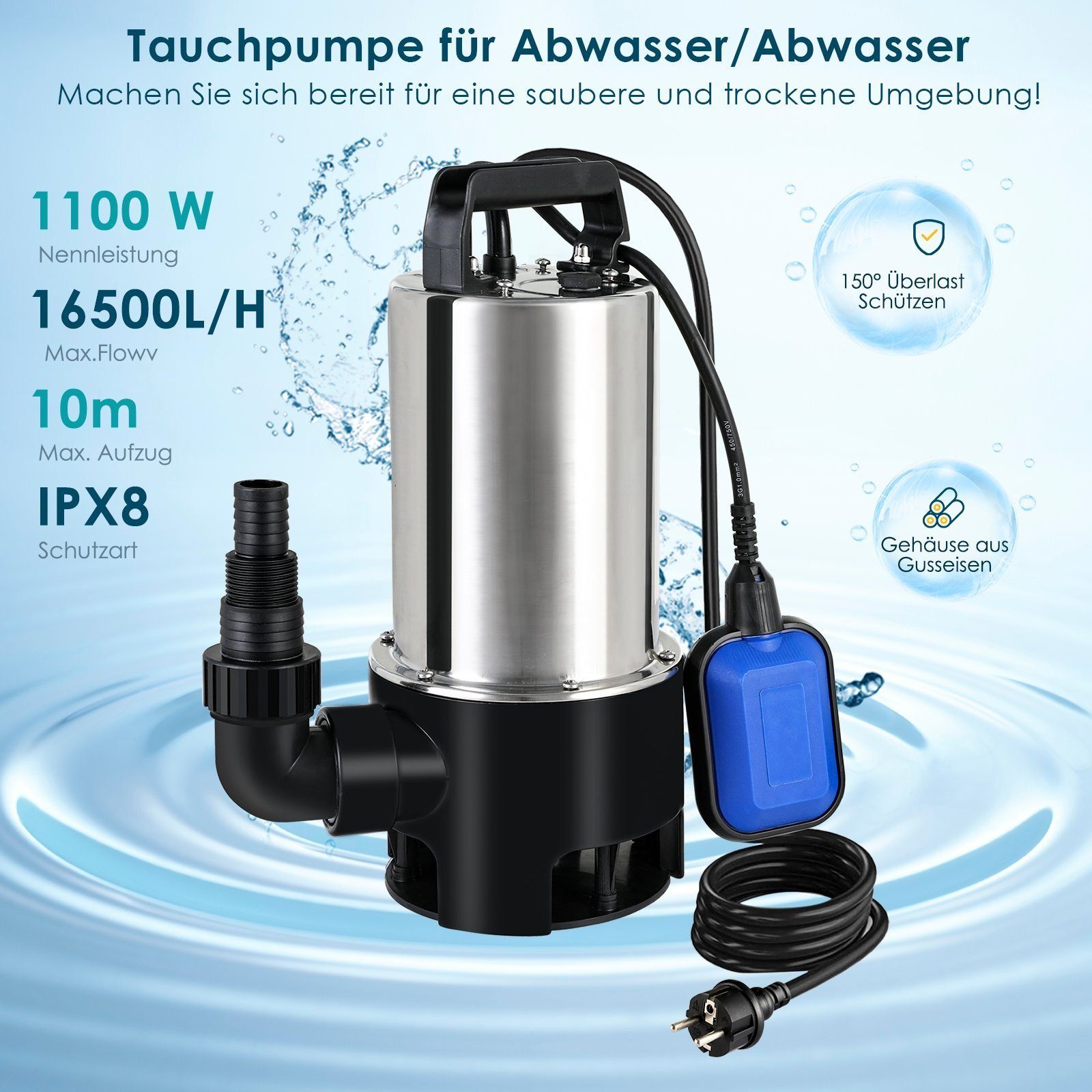 Thumbnail - TLGREEN Schmutzwasserpumpe, 16500 L/H Tauchpumpe 1100W Schmutzwasser Tauchpumpe
