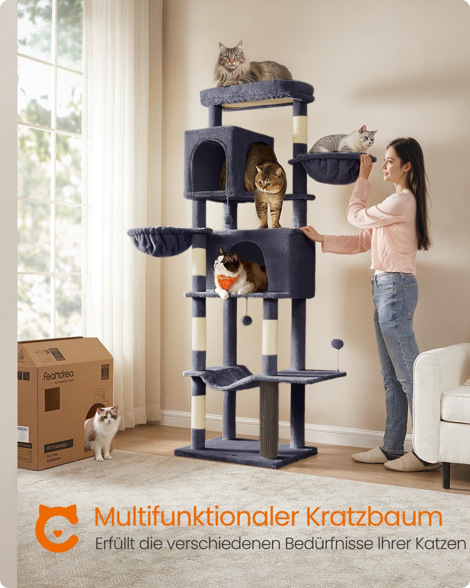 FEANDREA Kratzbaum mehrstöckiger Katzenbaum mit 2 Höhlen, 2 Liegemulden, 5 Kratzsäulen, groß, 190 cm hoch, XXL, Katzenbürste, große Plattform