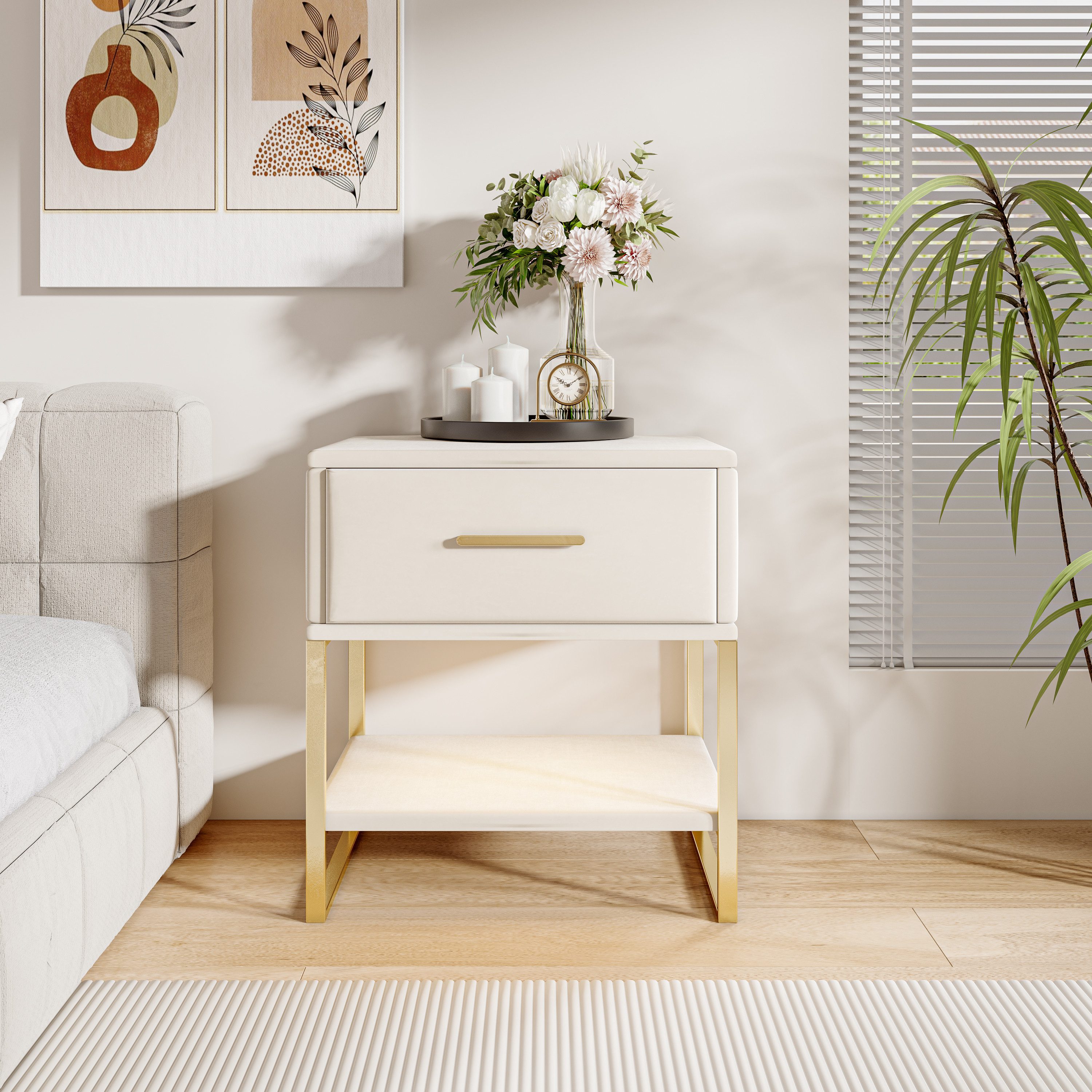 FUROKOY Nachttisch 2er set Nachtschrank mit Schubladen, Beistelltisch mit Metallbeine (Sofatisch Beistelltisch mit 1 Schubladen, Beige Samt), Schubladenschrank für Schlafzimmer Flur Wohnzimmer, 40 x 31 x 50 cm