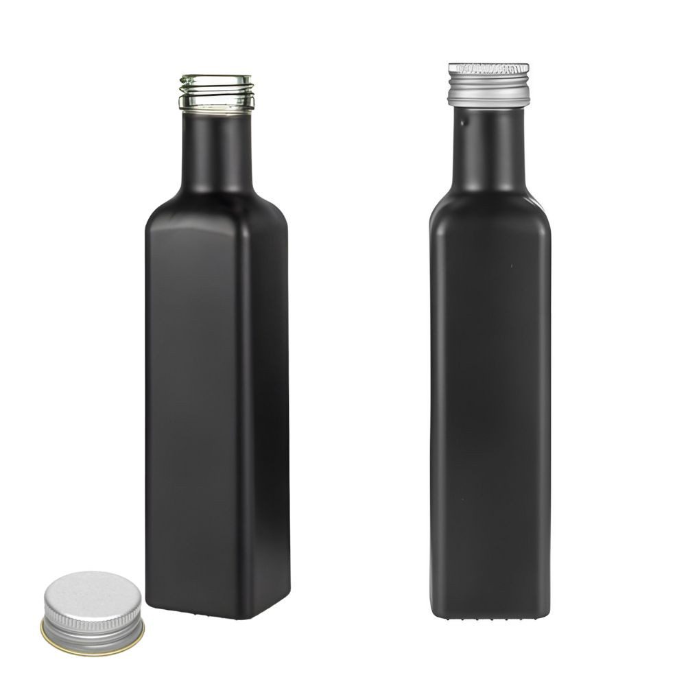 Ölspender Ölflasche 250 ml matt schwarz mit Deckel & Etiketten, 2 Stück