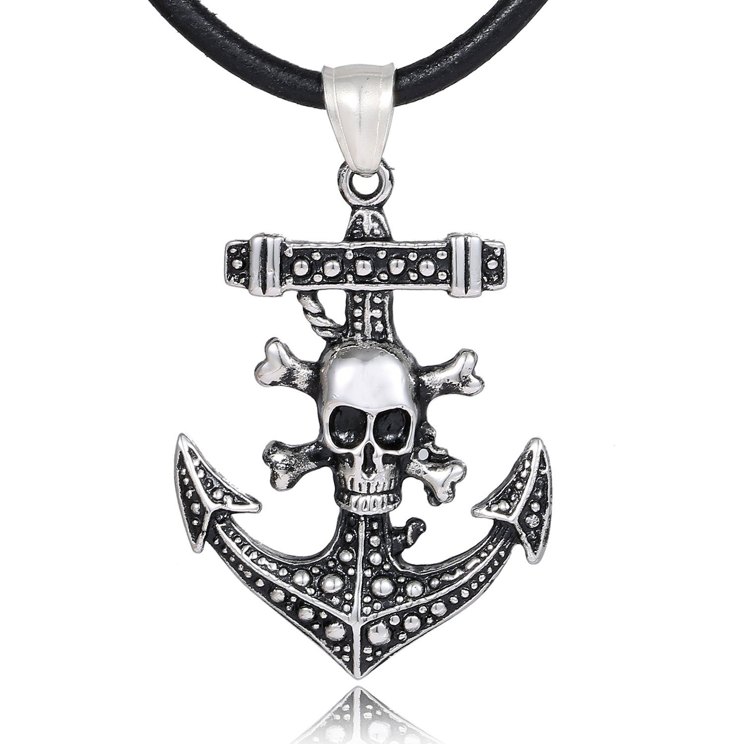 DonDon Kette mit Anhänger Lederkette Halskette 50 cm (1-tlg), Herren-Halskette mit Lederband, maskuline Anhänger, im Samtbeutel Anker Skull Totenkopf