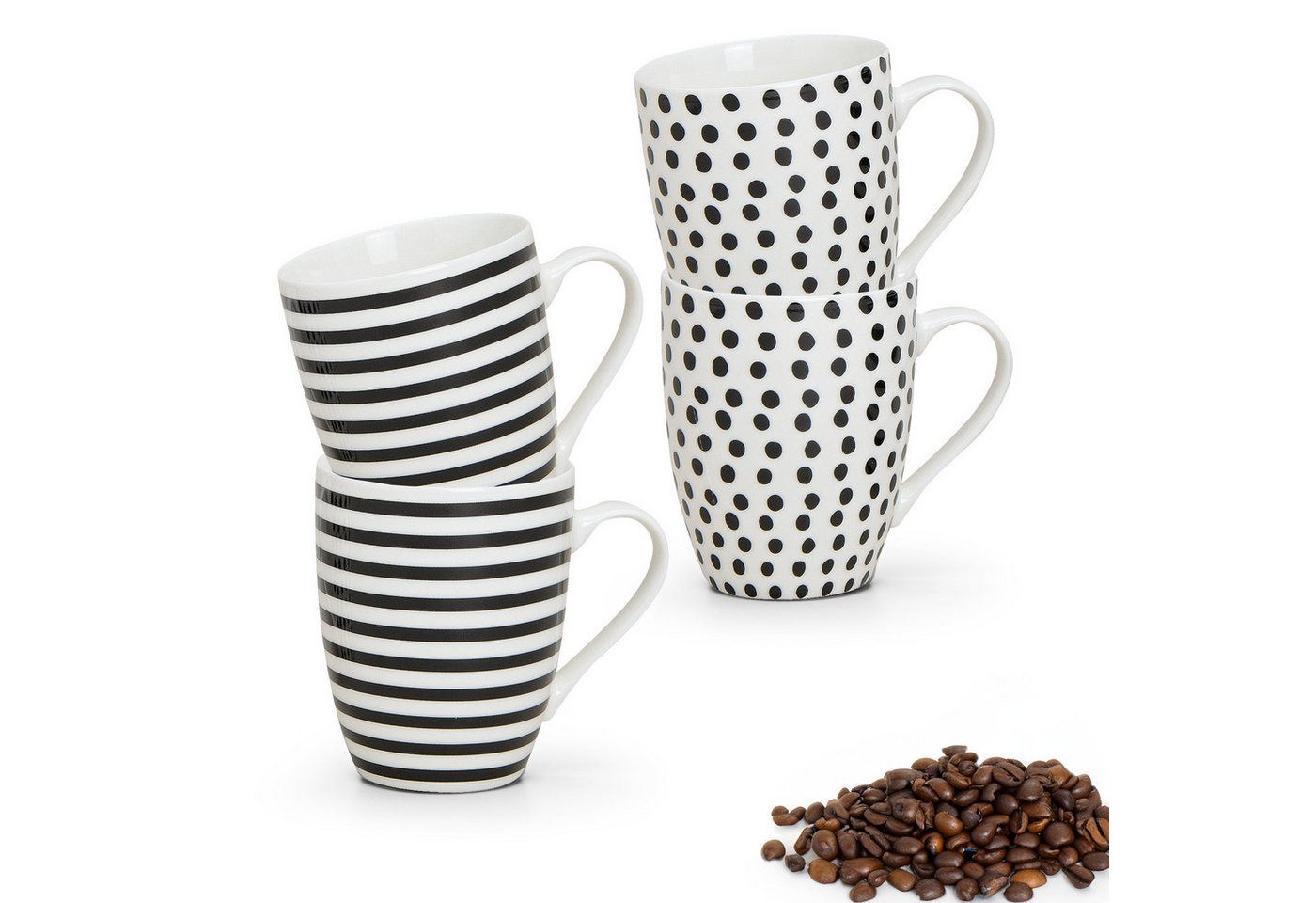 matches21 HOME & HOBBY Tasse Kaffeetassen 4er Set Punkte Streifen Design gepunktet, 4-tlg., Porzellan, Tee Kaffee-Becher, modern, weiss schwarz gestreift, 300 ml