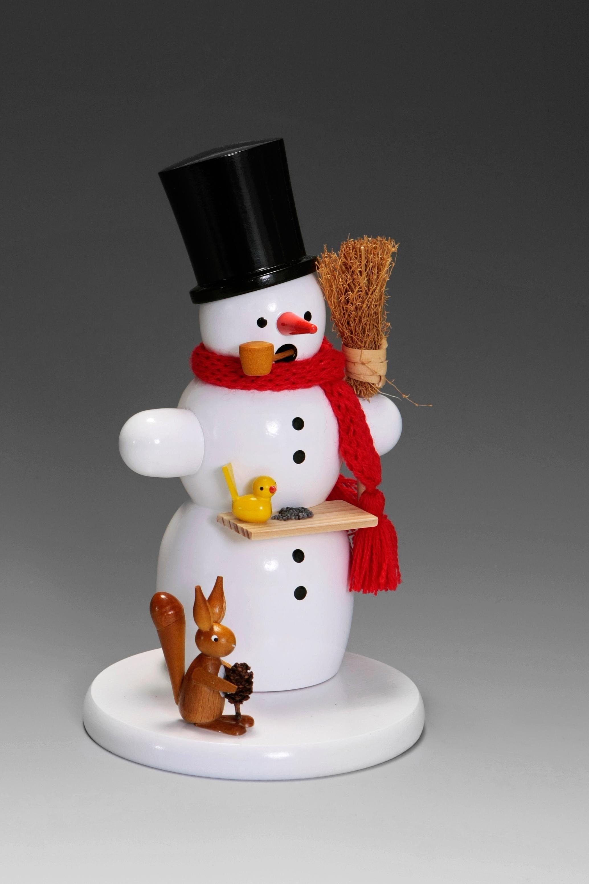 Albin Preissler Räuchermännchen Schneemann mit Eichhörnchen, Handwerkskunst aus dem Erzgebirge, Weihnachtsdeko aus Buchenholz